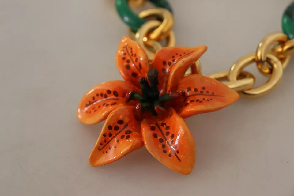 Dolce & Gabbana Multicolor Gold Orange Lily Floral Chain Necklace