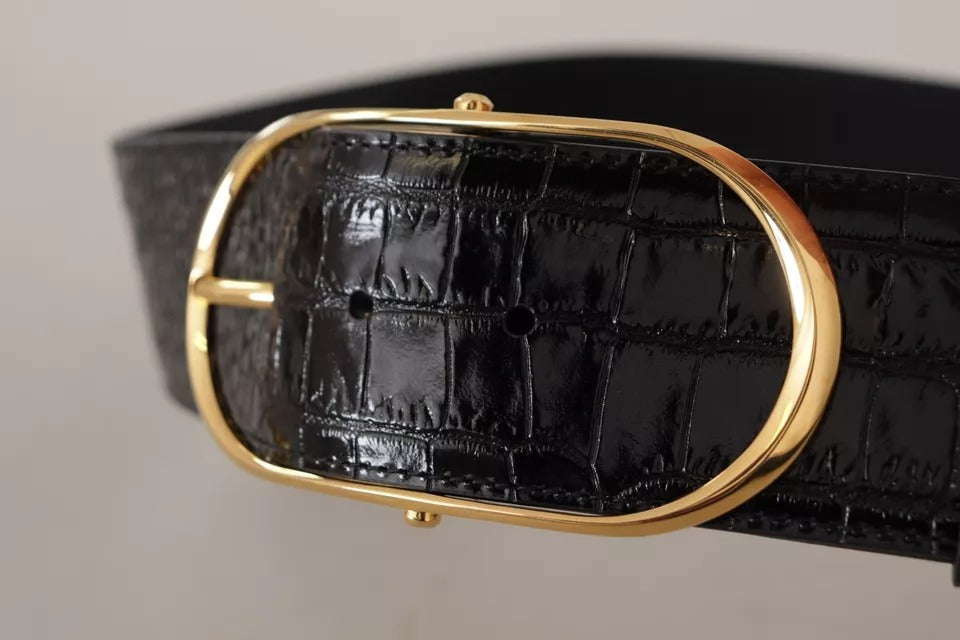 Dolce & Gabbana Black Wide Embossed Leather Gold Metal Buckle Belt