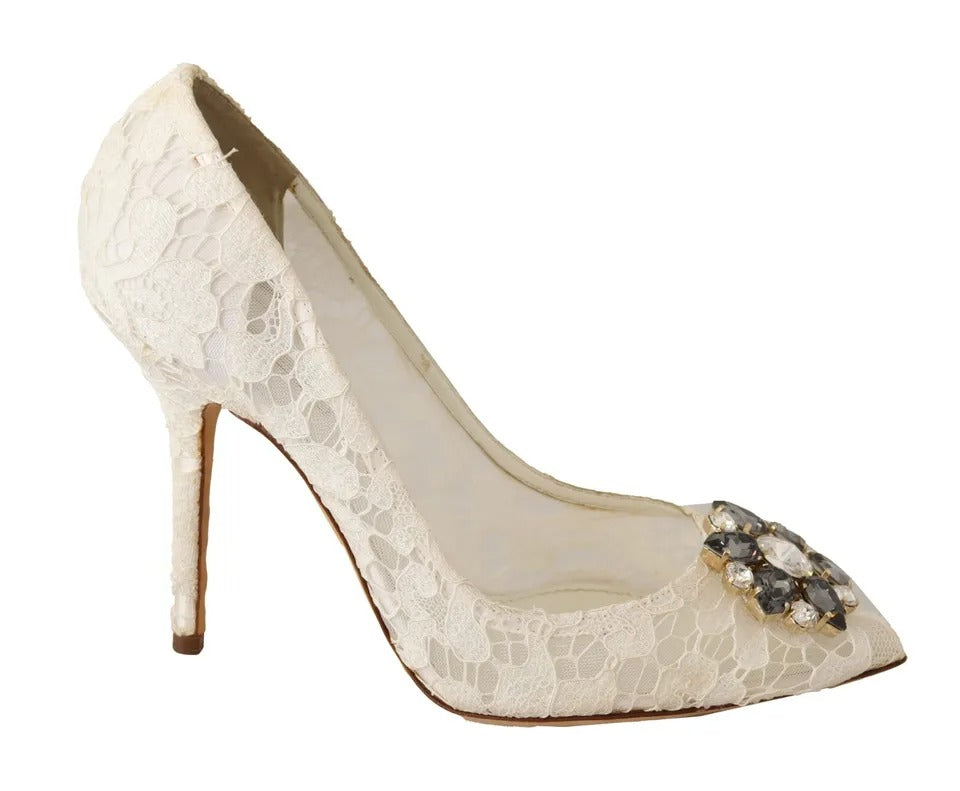 Dolce & Gabbana White Taormina Lace Crystal Heels Pumps Shoes