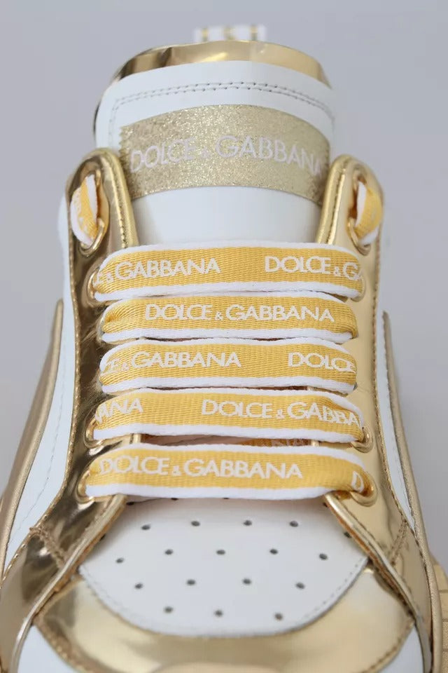 Dolce & Gabbana White Gold Leather Super Queen Shoes Sneakers