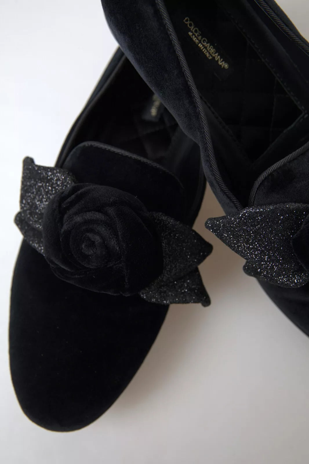 Dolce & Gabbana Black Velvet Flats Bow Young Queen Shoes