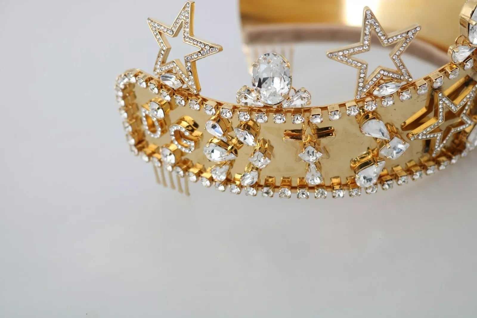 Dolce & Gabbana Gold Crystal Star STRASS Crown Logo Tiara Diadem