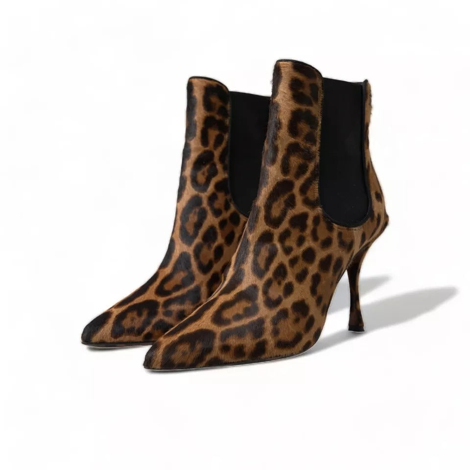 Dolce & Gabbana Brown Leopard Leather Stretch Heels Boots Shoes