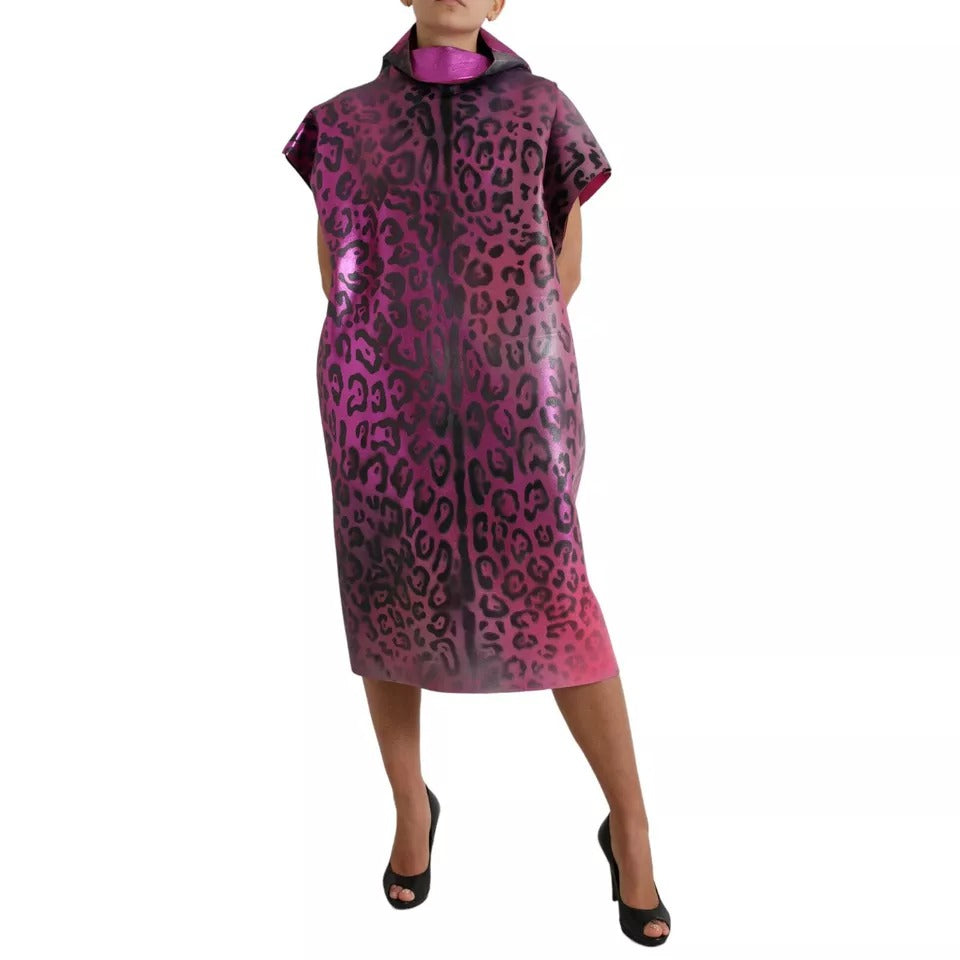 Dolce & Gabbana Pink Leopard Print Polyester Shift Midi Dress