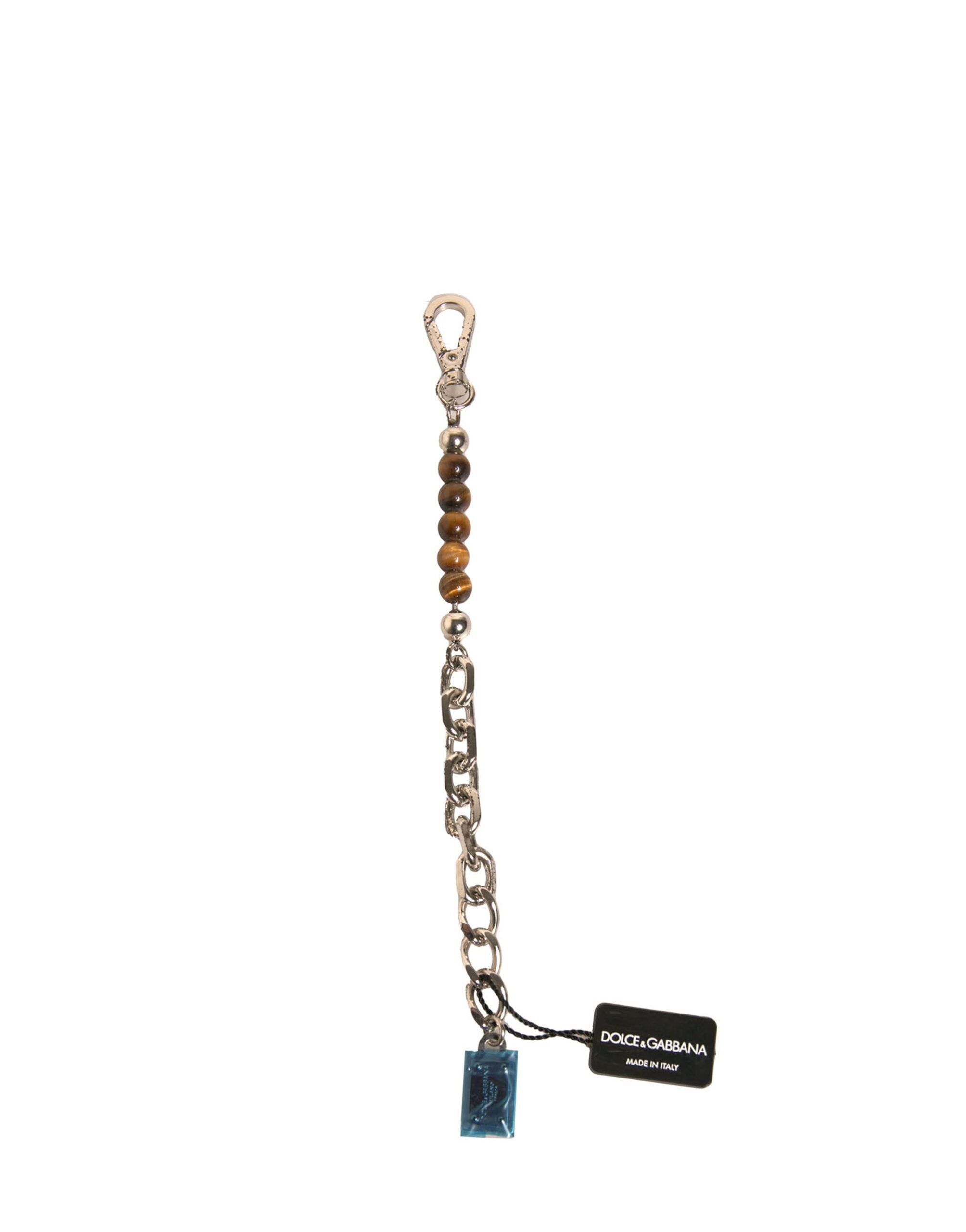 Dolce & Gabbana Silver Brass Chain Beaded Logo Plaque Keychain Keyring