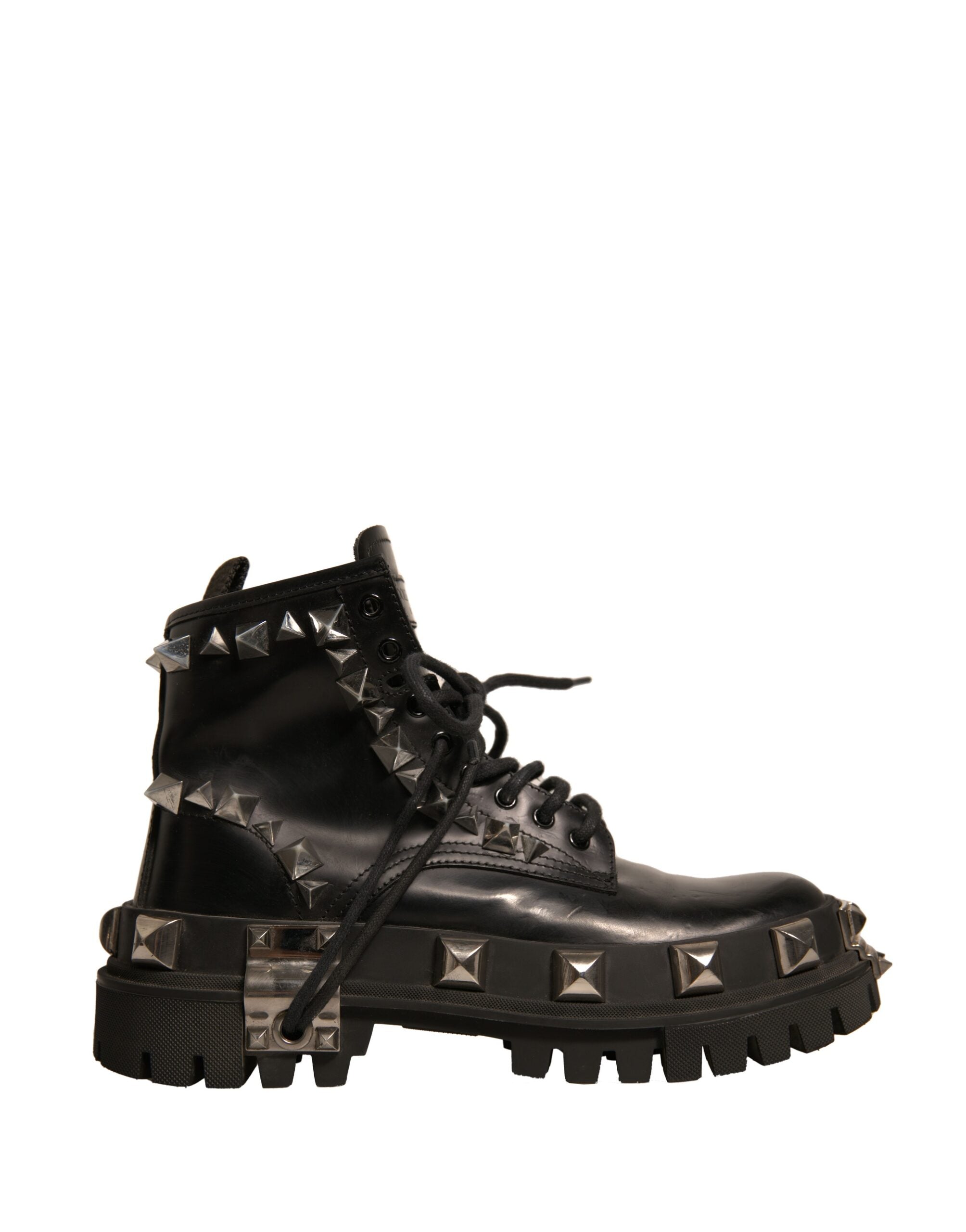 Dolce & Gabbana Black Leather Studded Trekking Boots Shoes