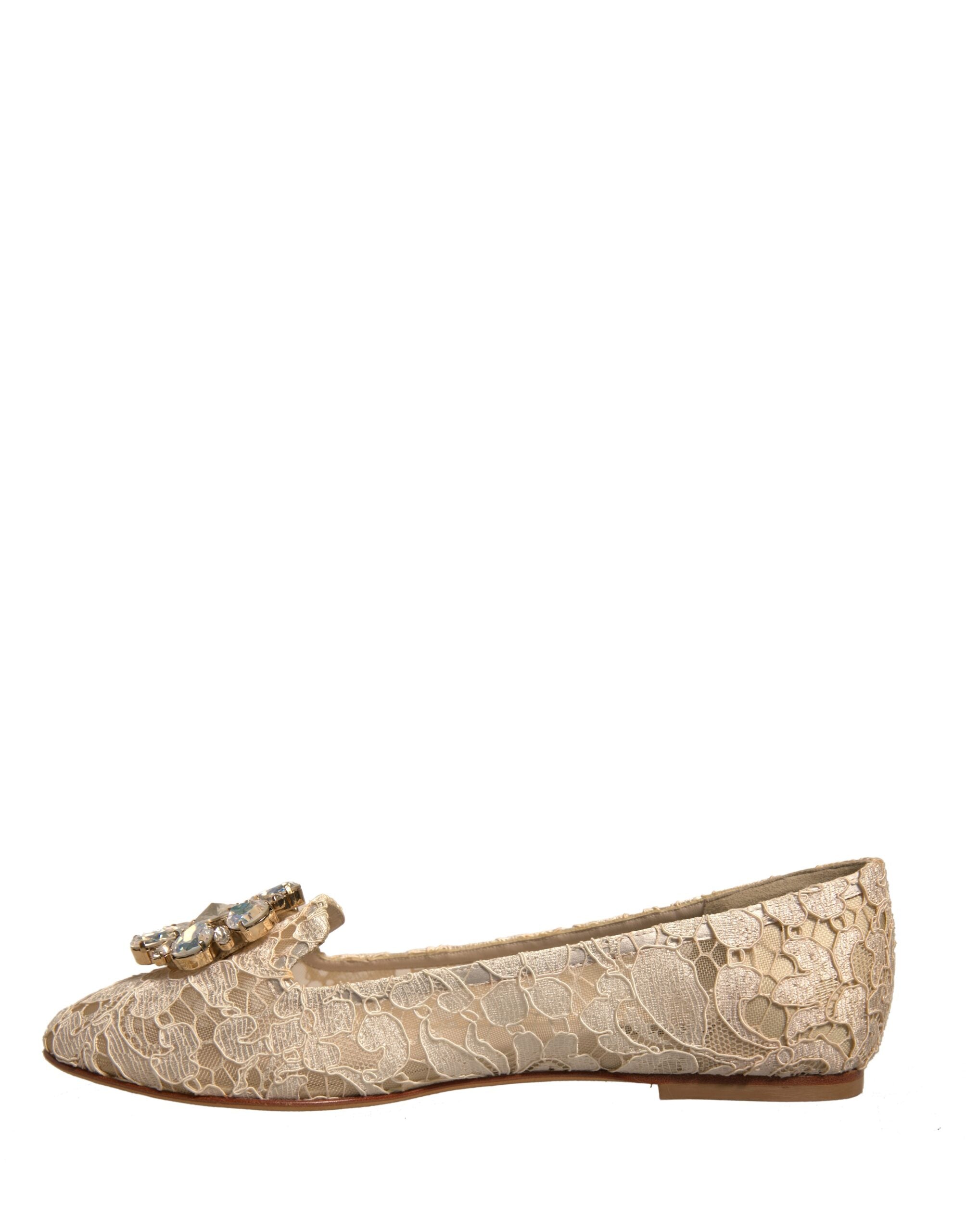 Dolce & Gabbana Beige Crystal Loafer Lace Ballet Flats Shoes