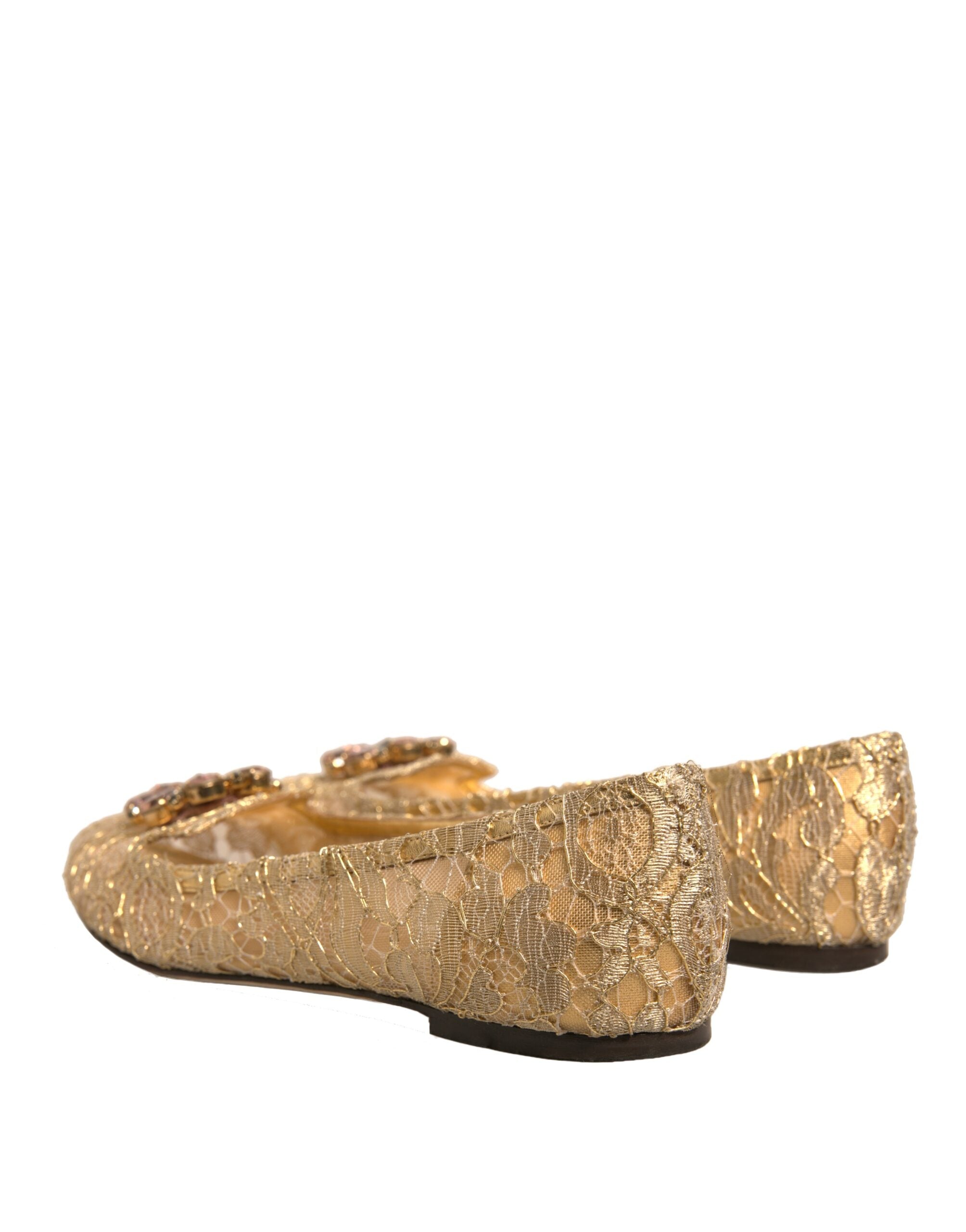 Dolce & Gabbana Gold Crystal Loafer Lace Ballet Flats Shoes