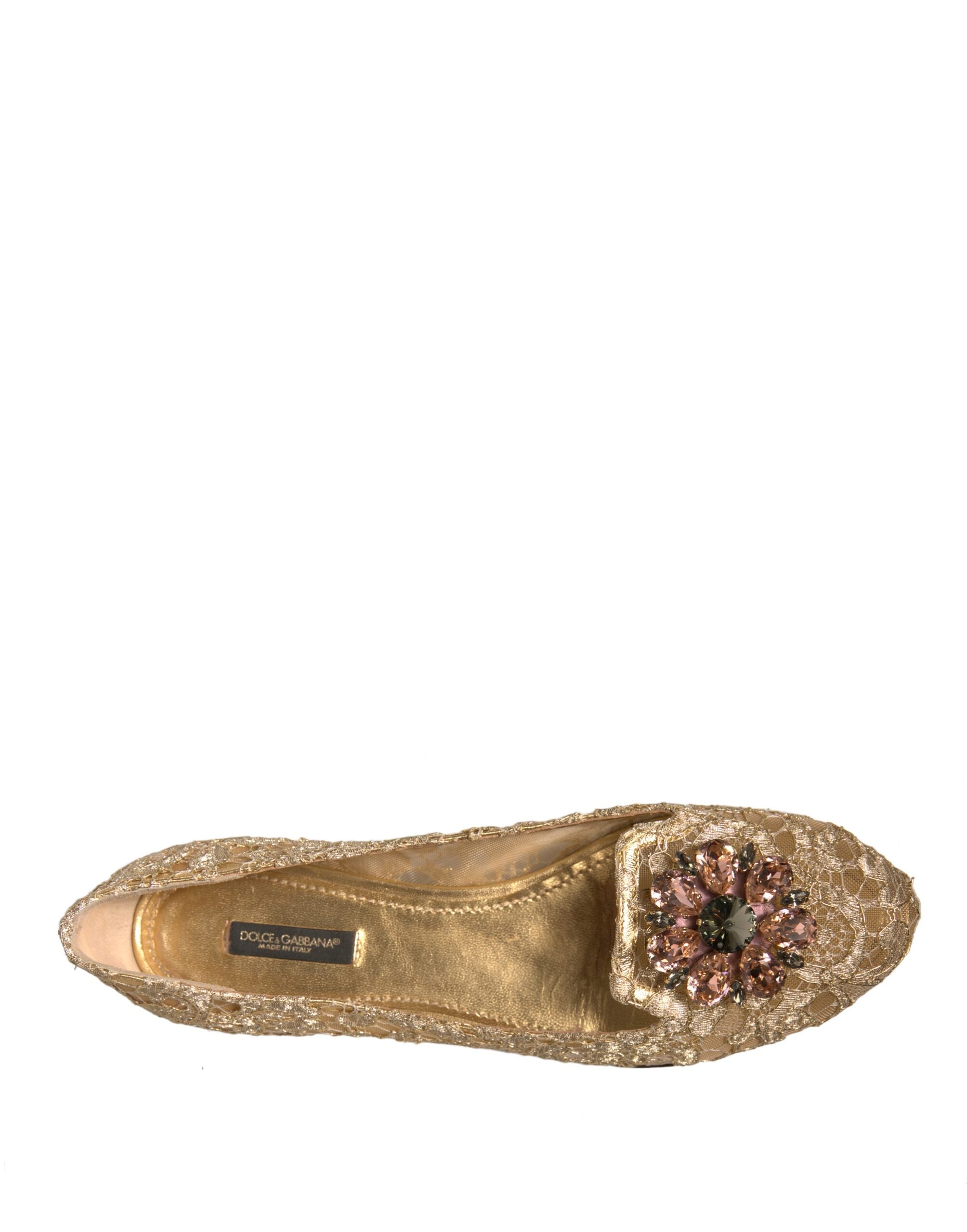 Dolce & Gabbana Gold Crystal Loafer Lace Ballet Flats Shoes