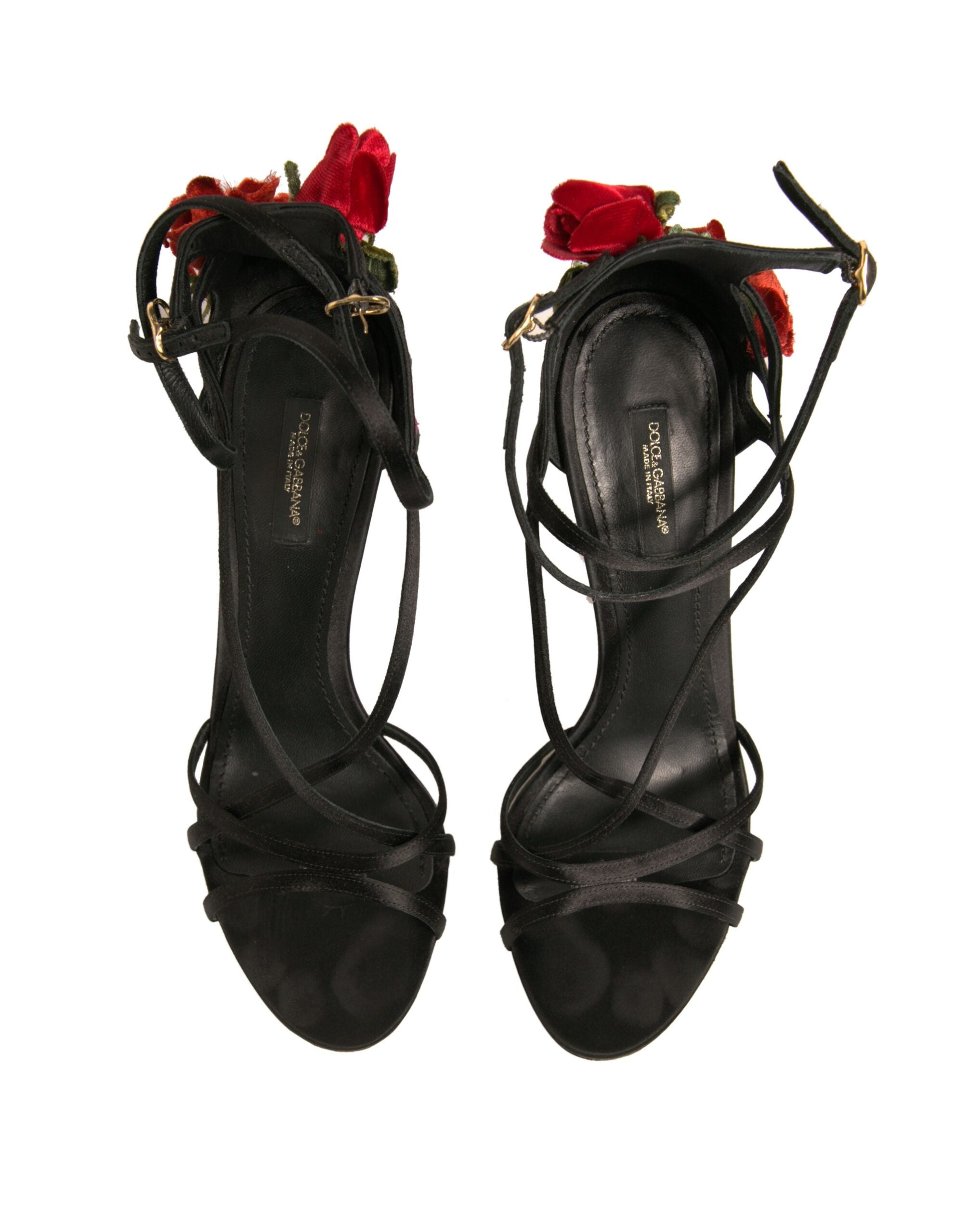 Dolce & Gabbana Black Strappy Flower Heels Sandals Shoes