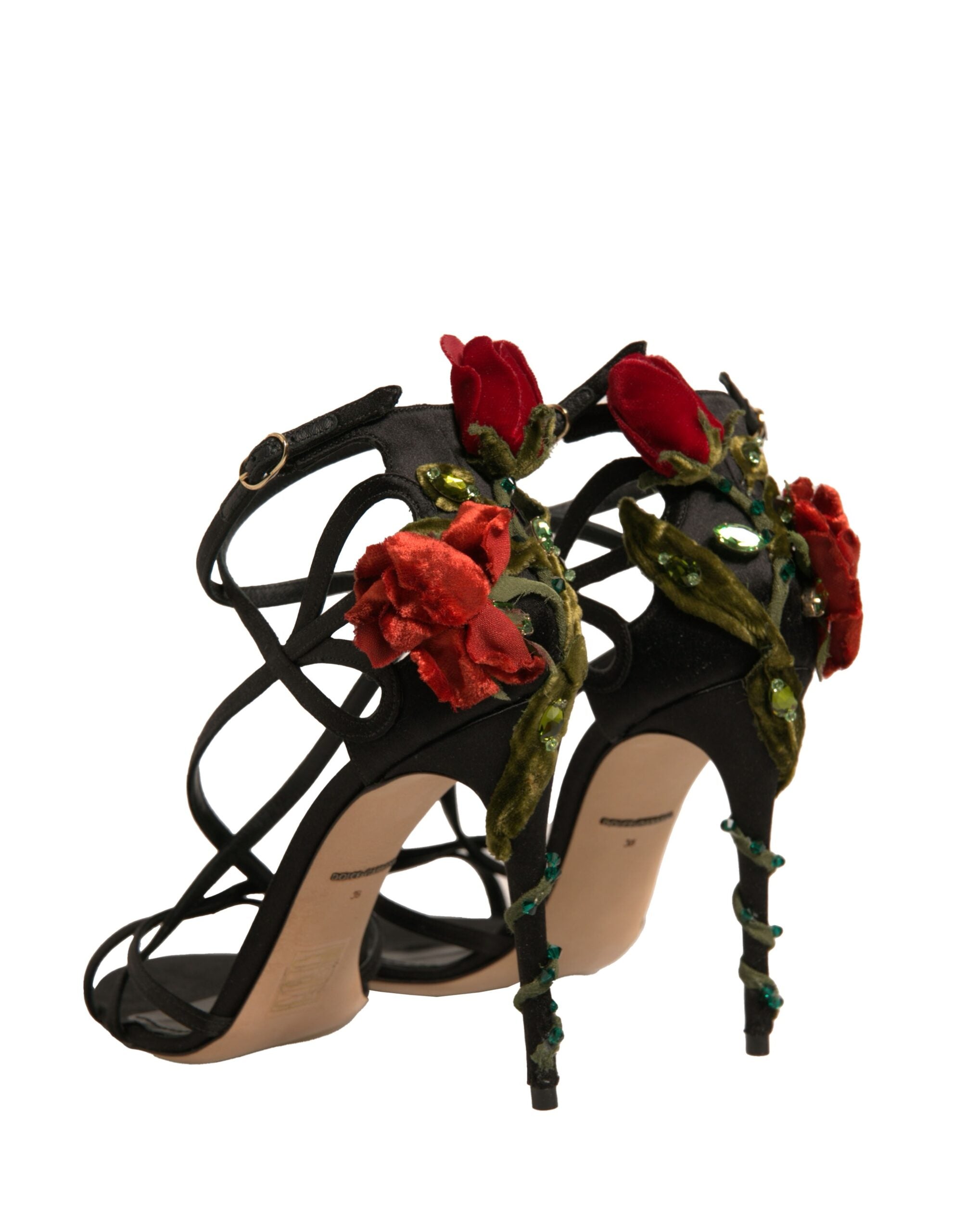 Dolce & Gabbana Black Strappy Flower Heels Sandals Shoes