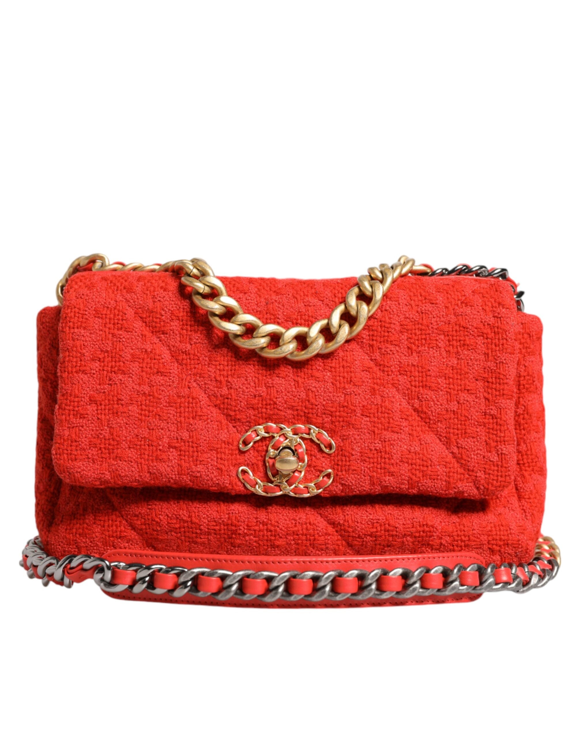 Chanel Red Tweed 2WAY Hand Chain Medium Shoulder Bag Purse