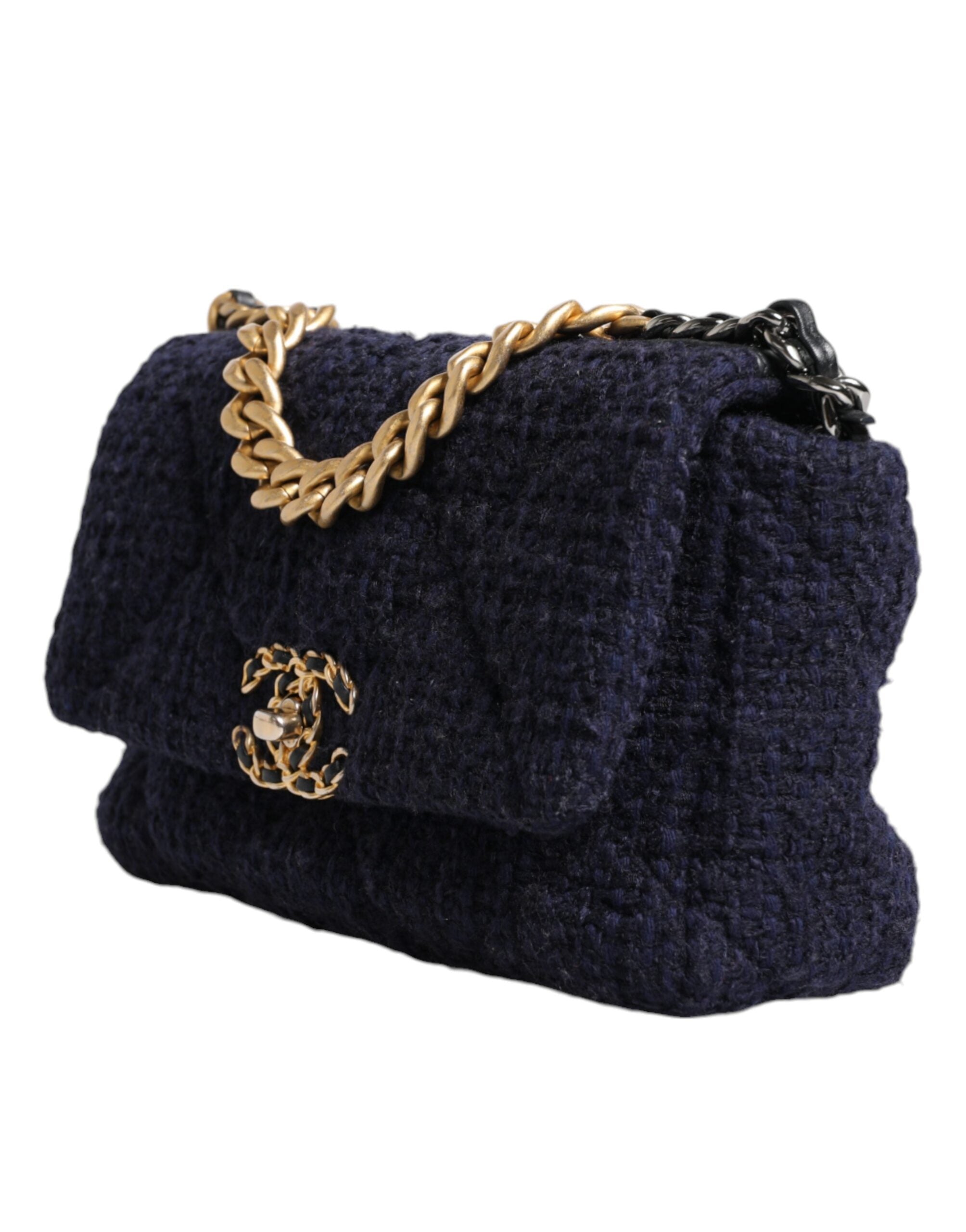 Chanel Dark Blue Medium Flap Tweed CC Gold Gray Chain Shoulder Bag