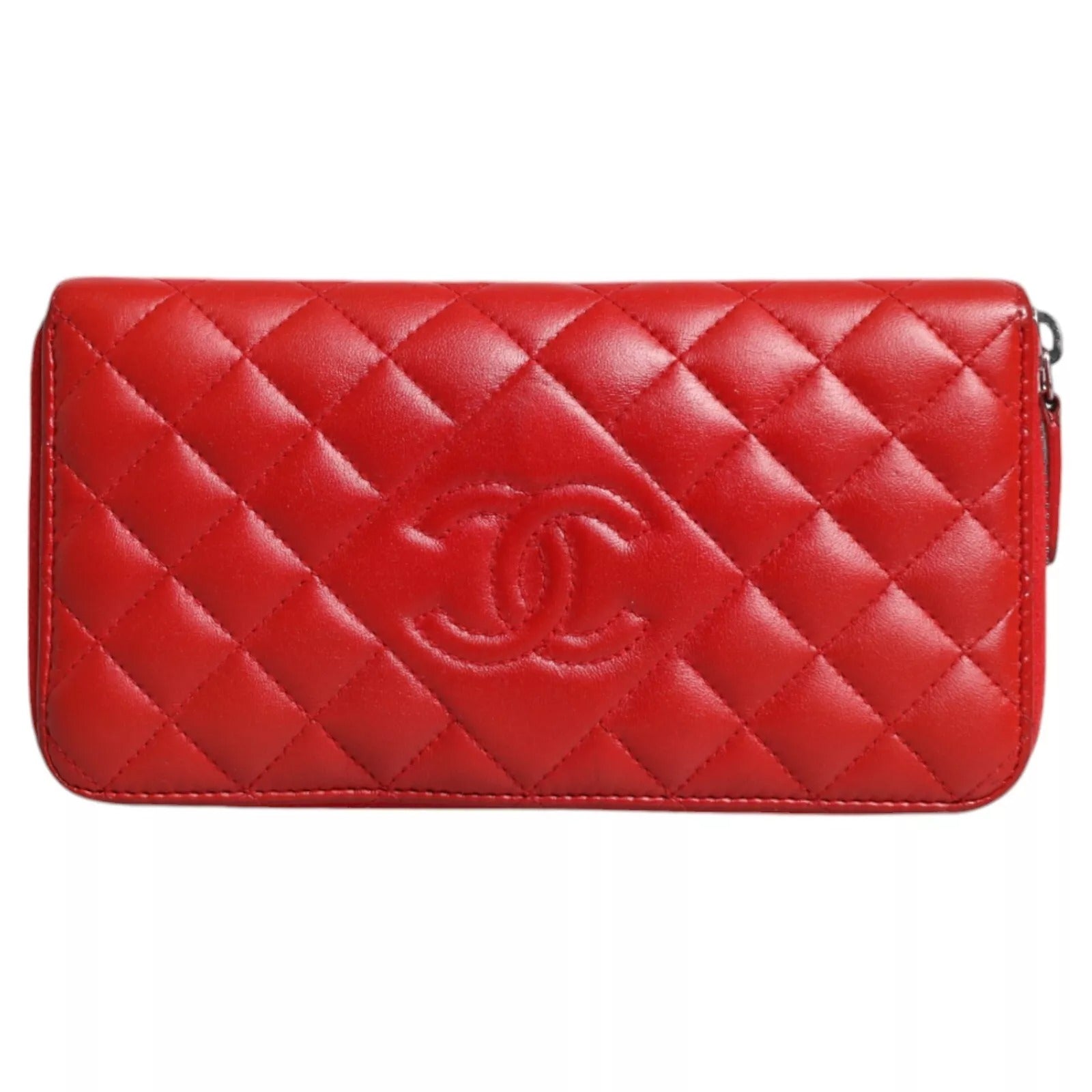 Chanel Red Quilted Leather Logo Continental Zip Box