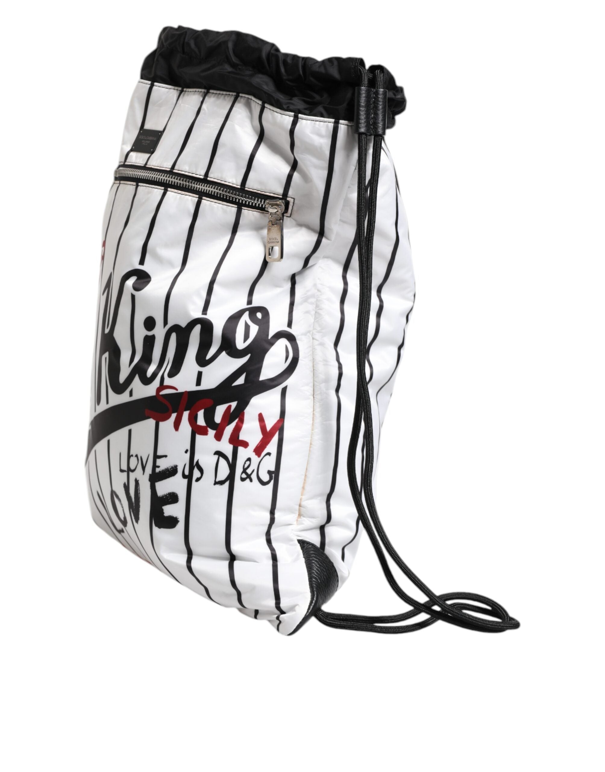 Dolce & Gabbana Black White Striped Polyester Drawstring Bag