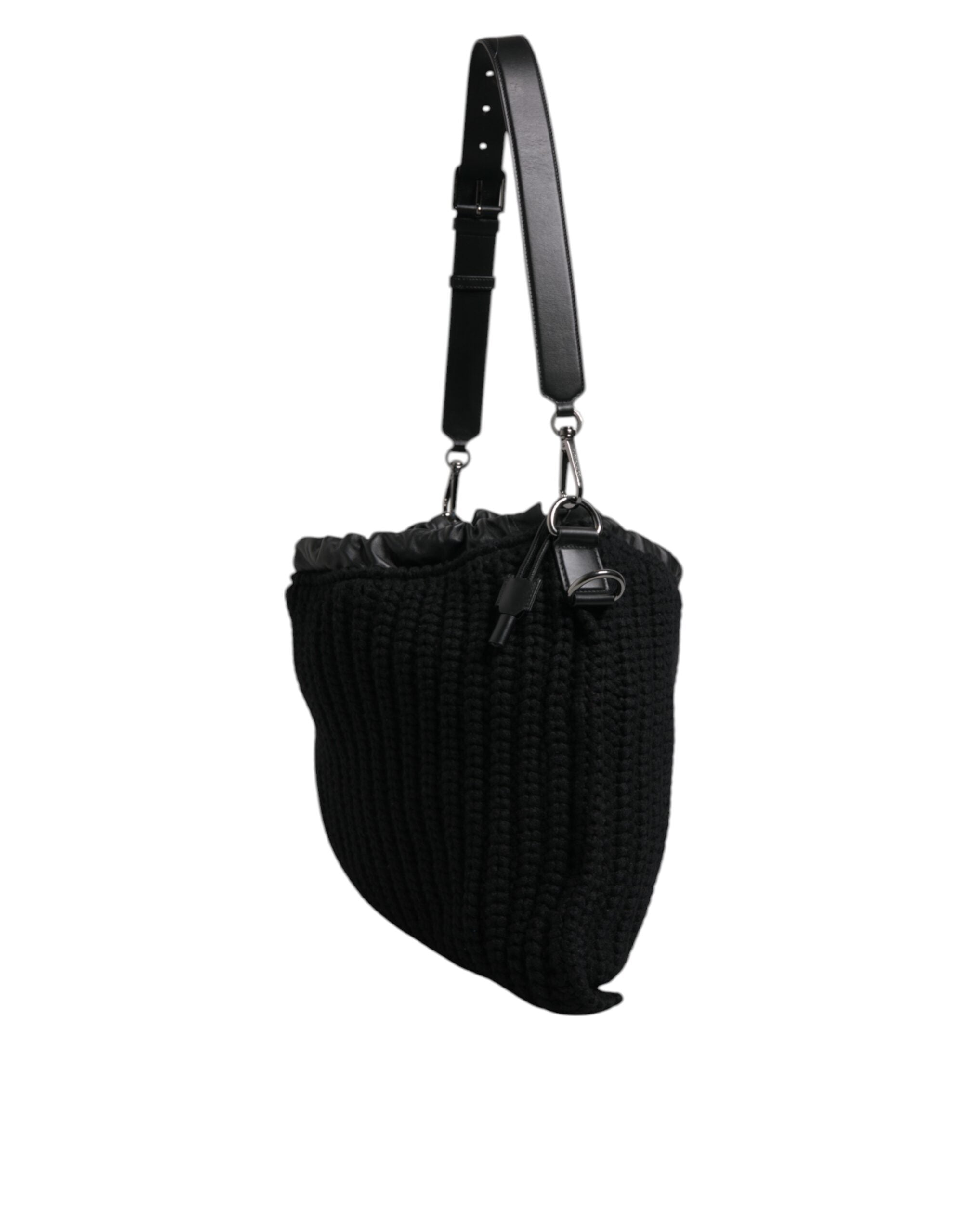 Dolce & Gabbana Black Cashmere Knitted Leather Shoulder Bag