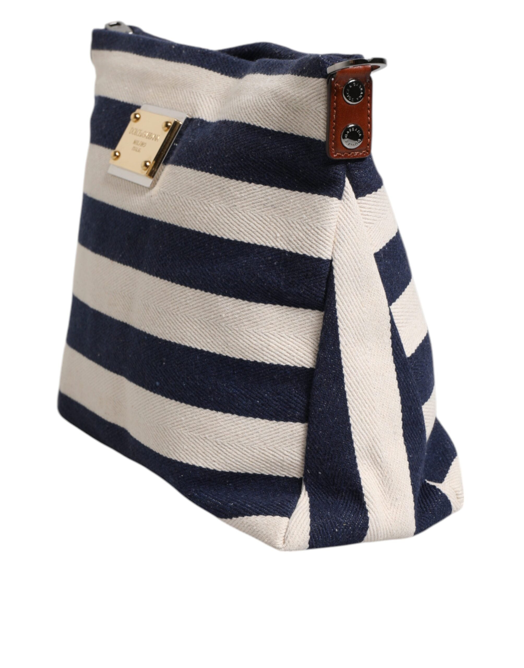 Dolce & Gabbana Blue White Stripes Logo Plaque Tote Bag