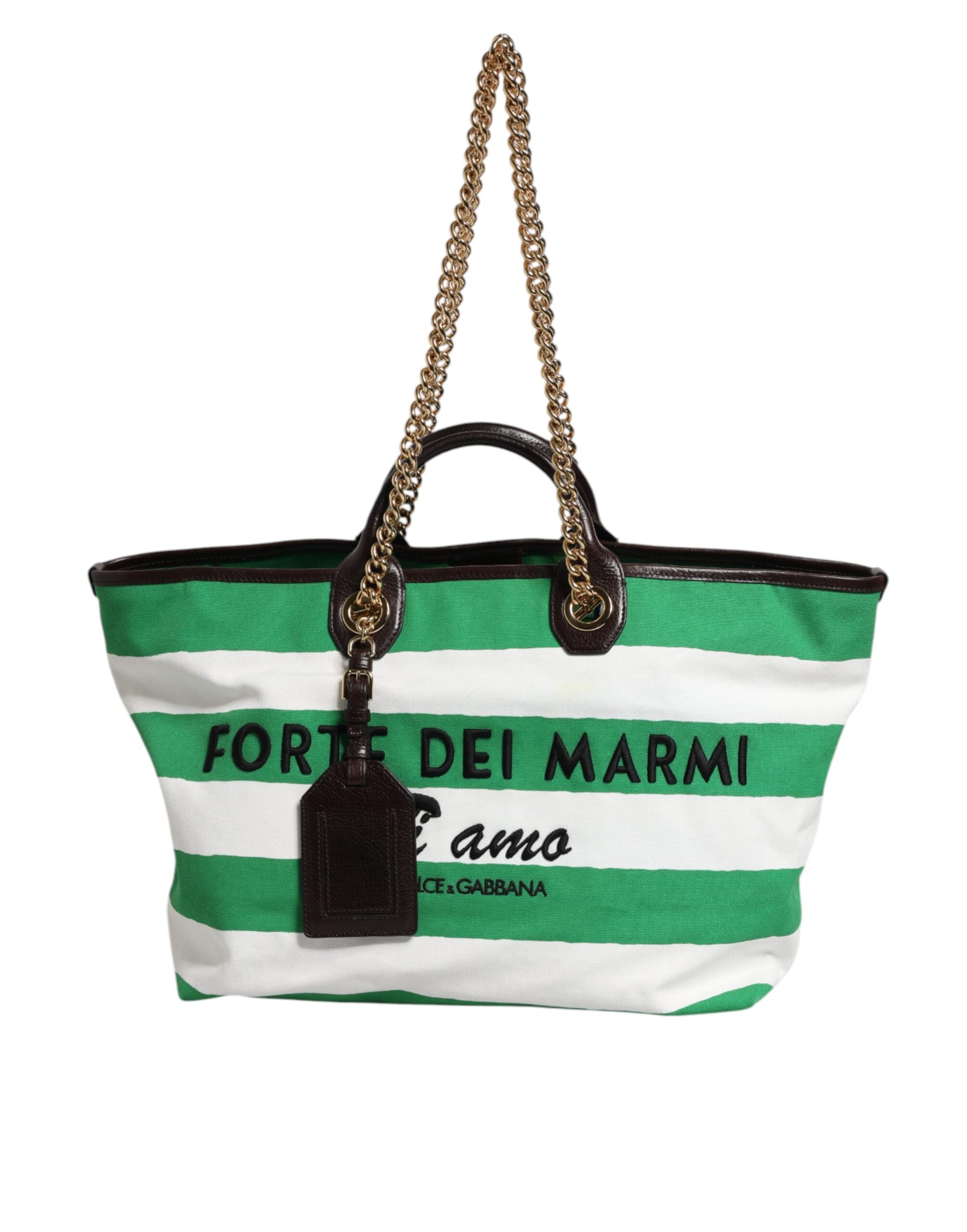 Dolce & Gabbana White Green Stripes Canvas Gold Chain Tote Bag