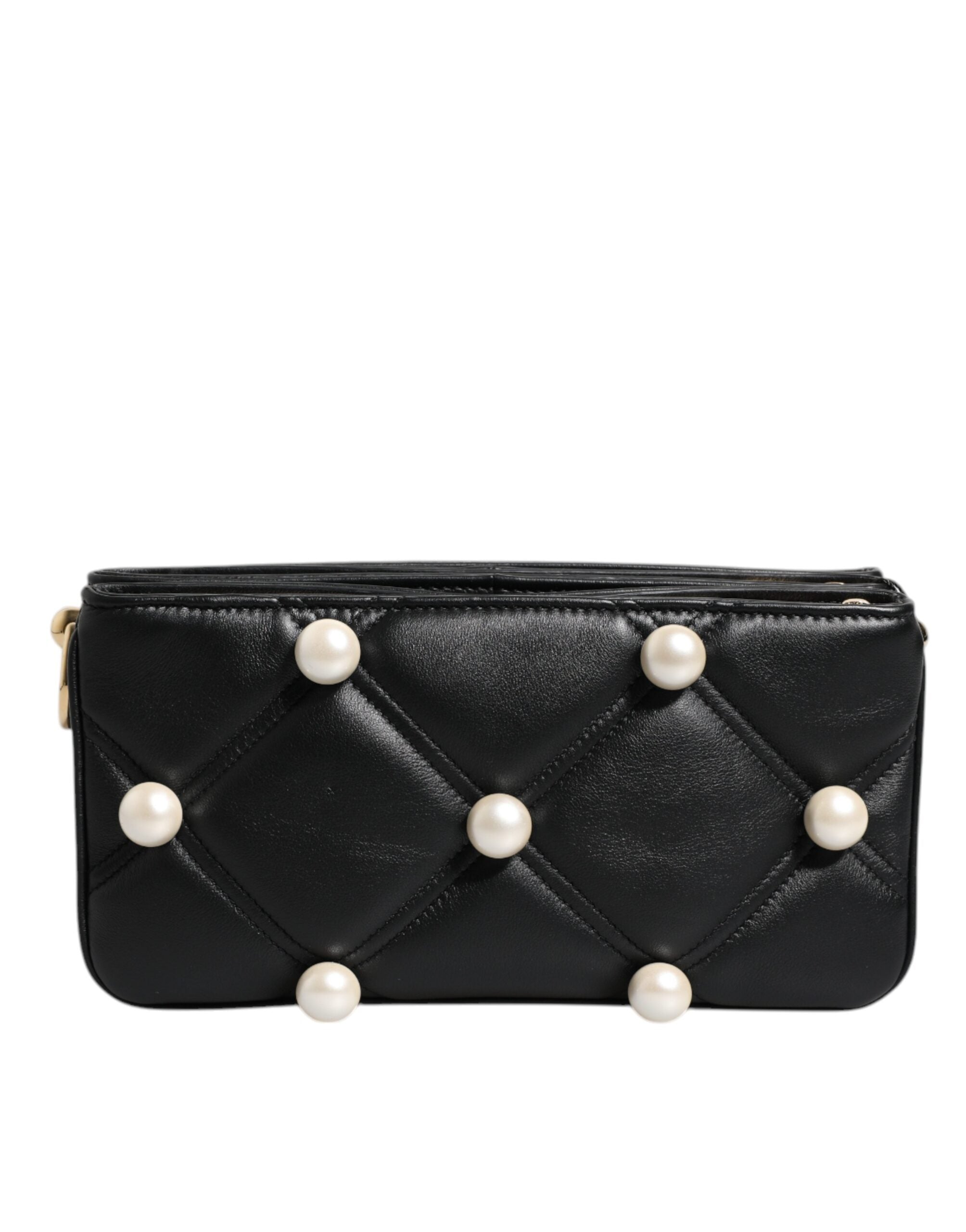 Dolce & Gabbana Black Leather Pearl Embellished Logo Shoulder Bag