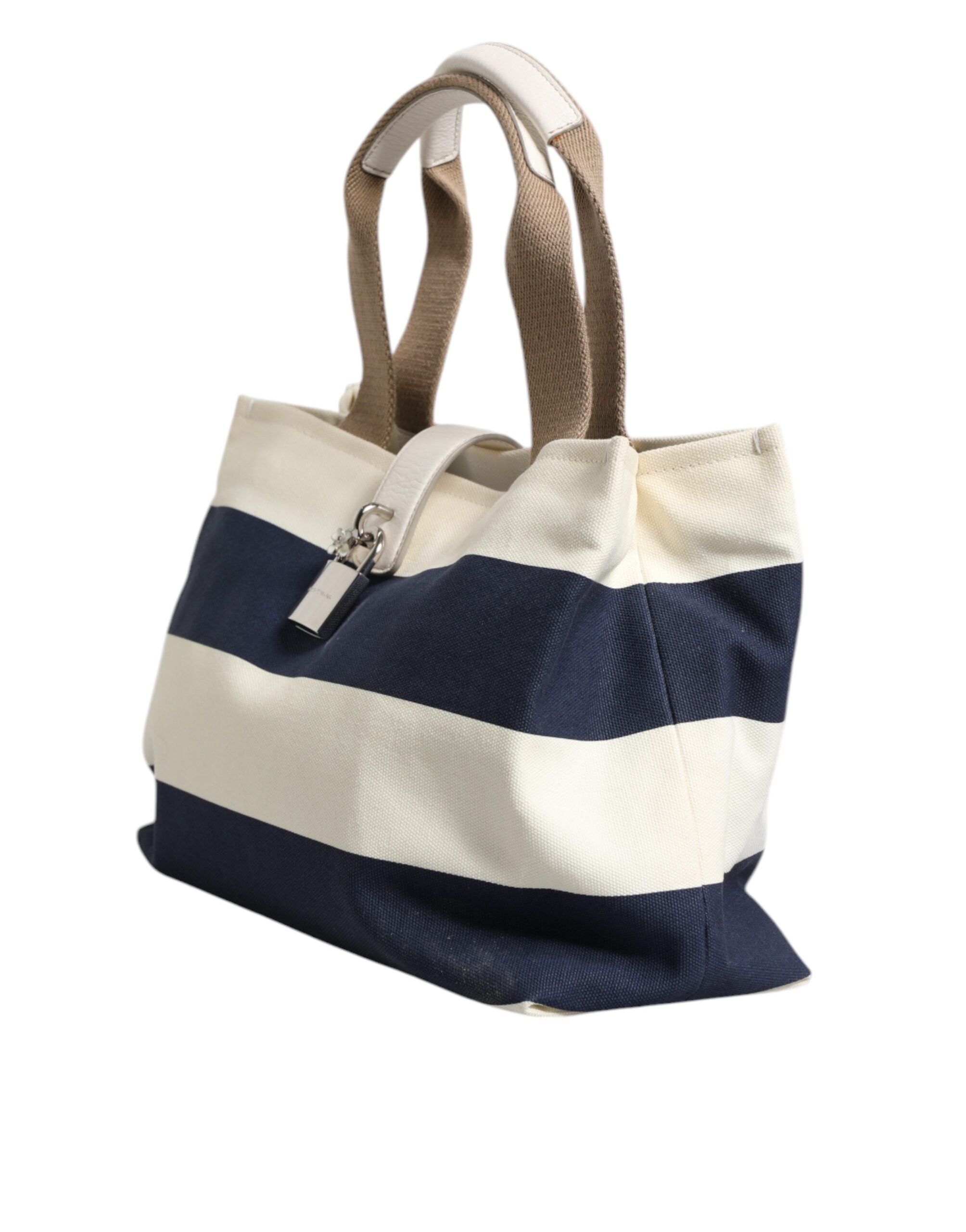 Dolce & Gabbana White Navy Striped Canvas Top Handle Tote Crossbody Bag