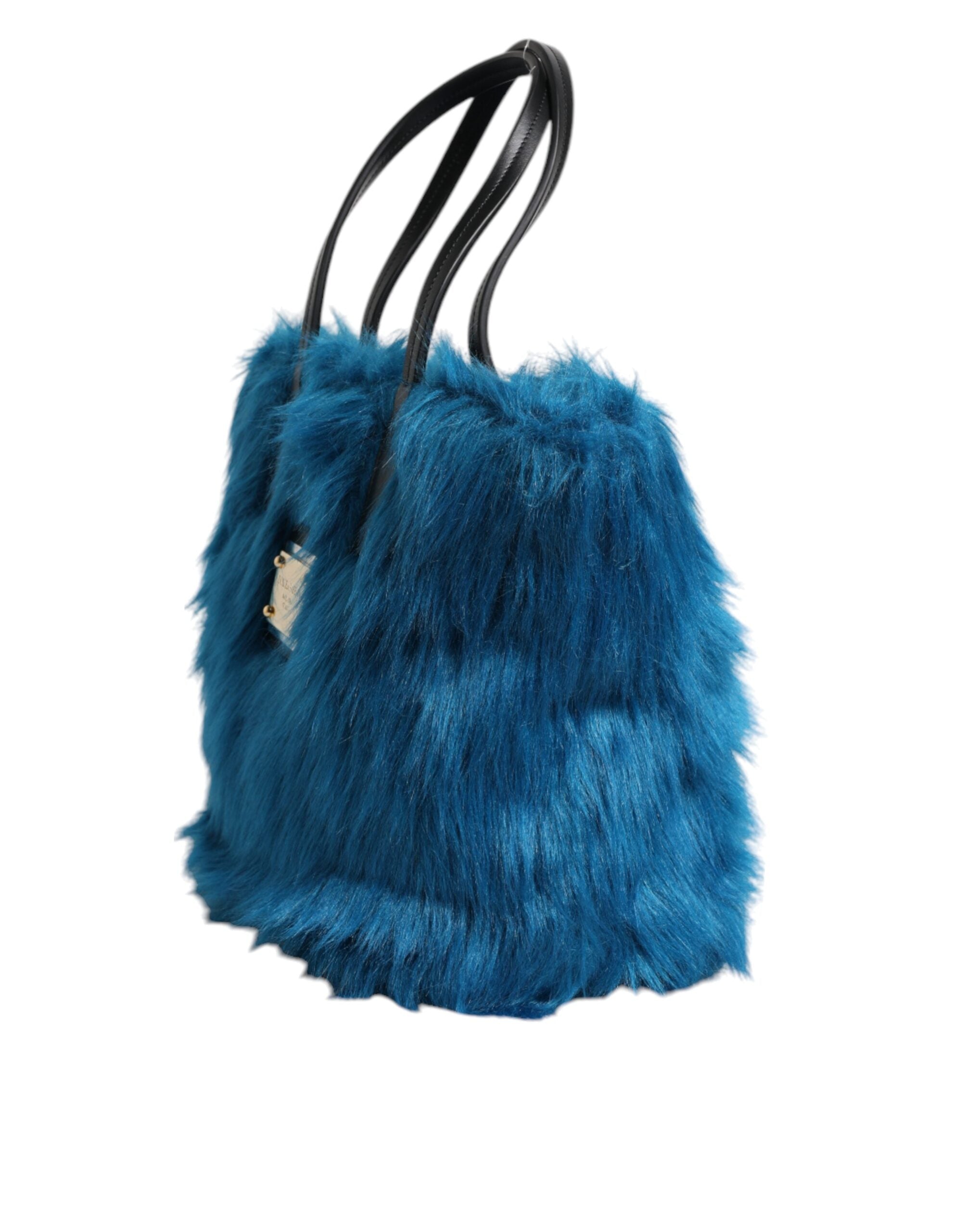 Dolce & Gabbana Blue Fur Logo Plaque Double Handle Shoulder Bag