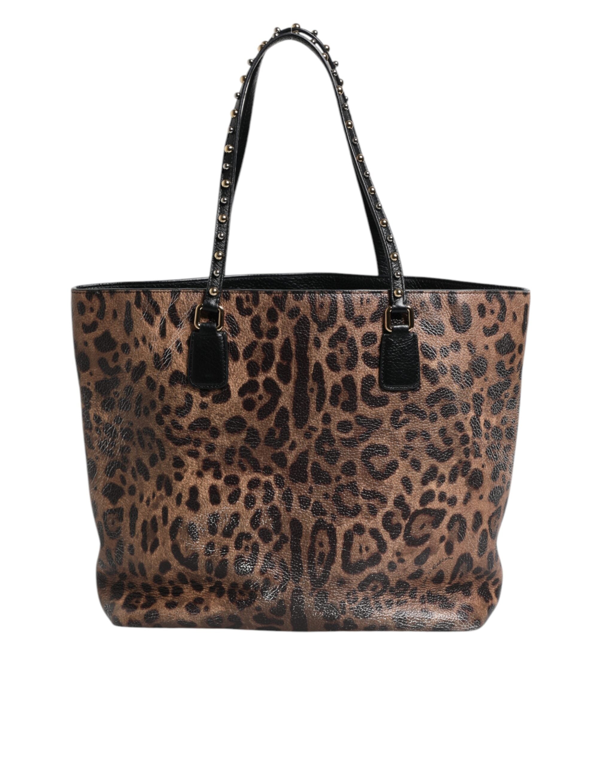 Dolce & Gabbana Brown Black Calfskin Leopard Print Shoulder Tote Bag