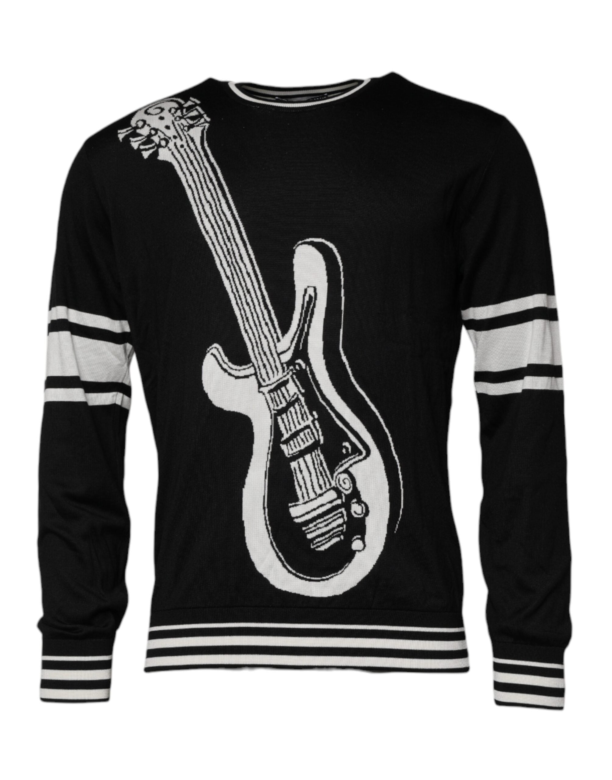 Dolce & Gabbana Black White Guitar Silk Crew Neck Sweater