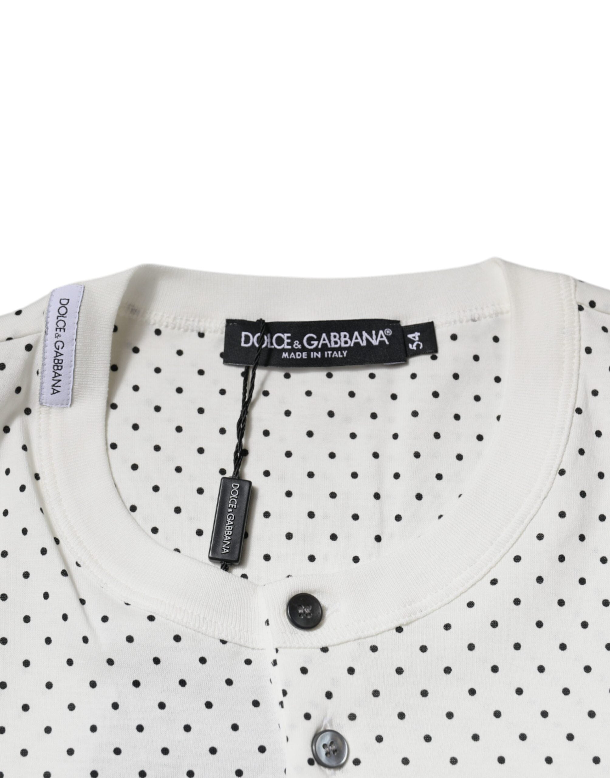 Dolce & Gabbana White Polka Dot Cotton Crew Neck Henley T-shirt