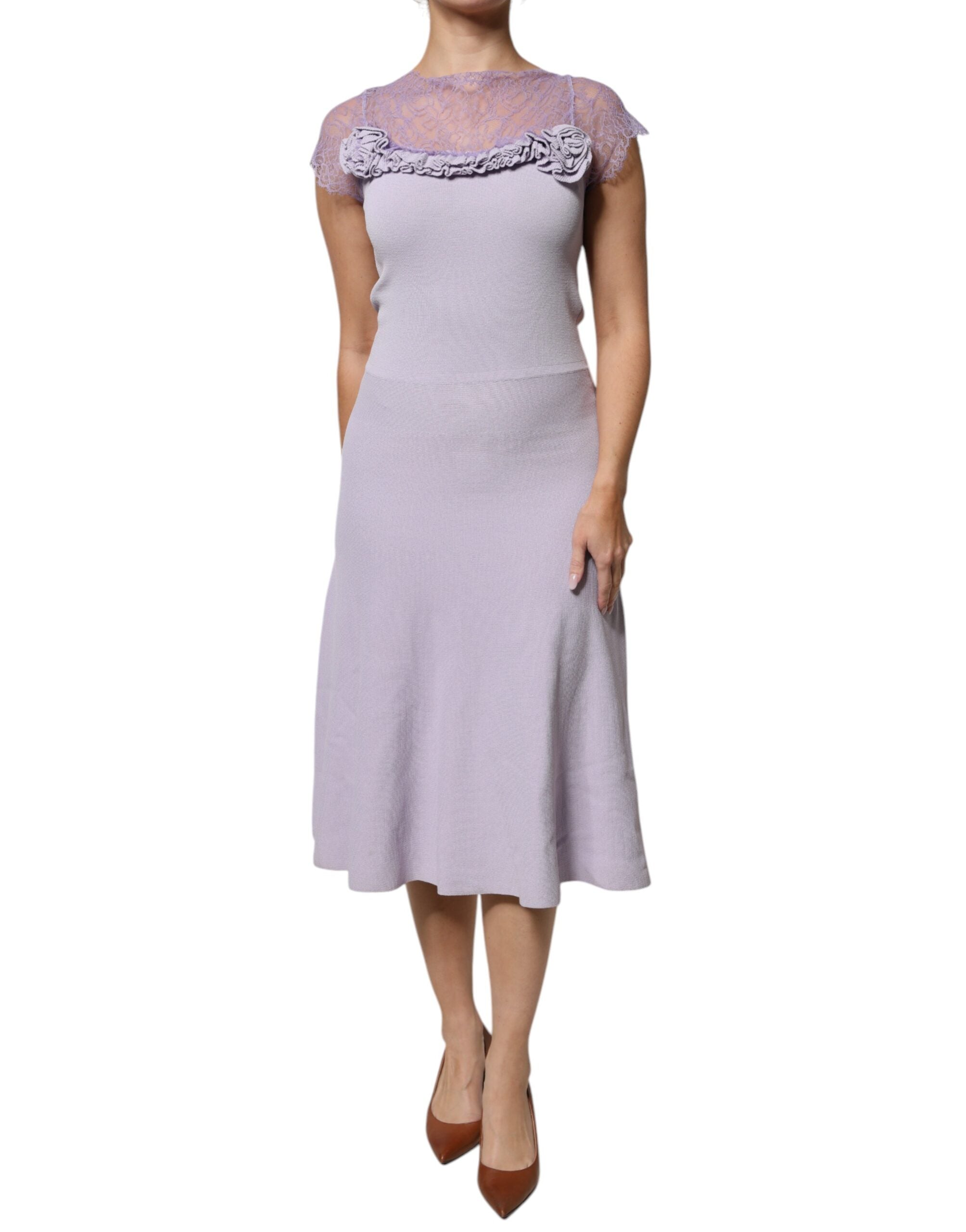 Blumarine Purple Short Sleeves Floral Lace Trim A-line Midi Dress