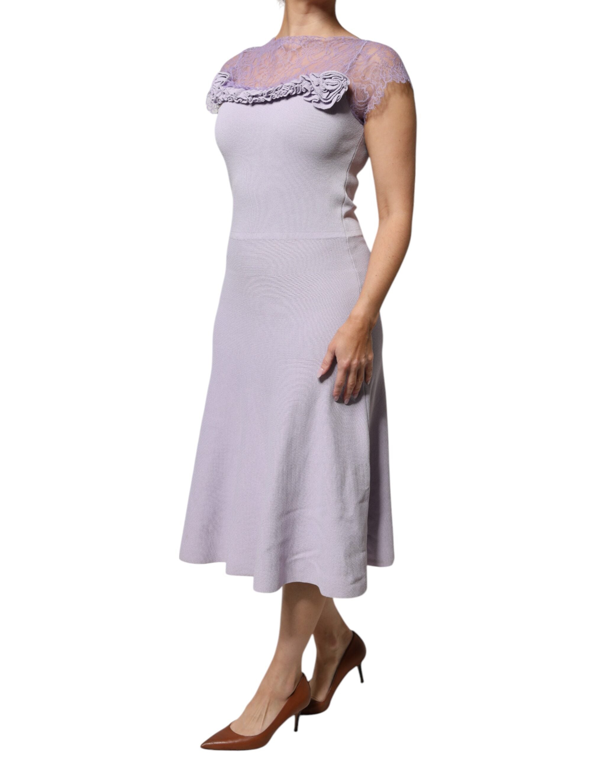 Blumarine Purple Short Sleeves Floral Lace Trim A-line Midi Dress