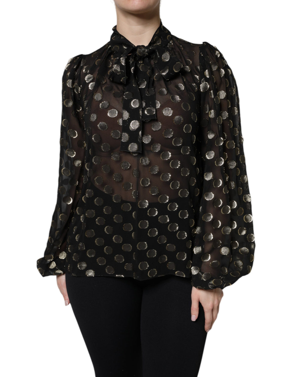 Dolce & Gabbana Black Sheer Tied Neck Polka Dots Blouse Top