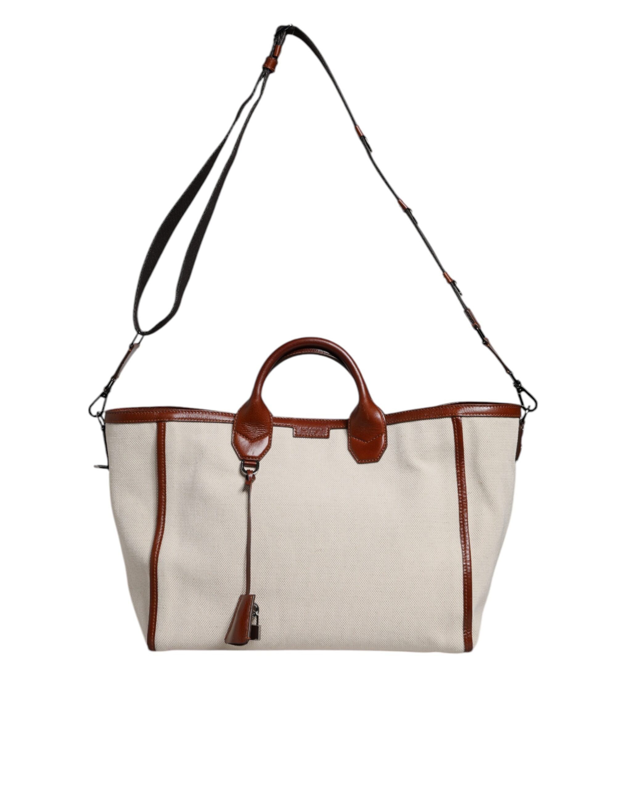 Dolce & Gabbana Beige Brown Cotton Leather Duffle Shoulder Bag