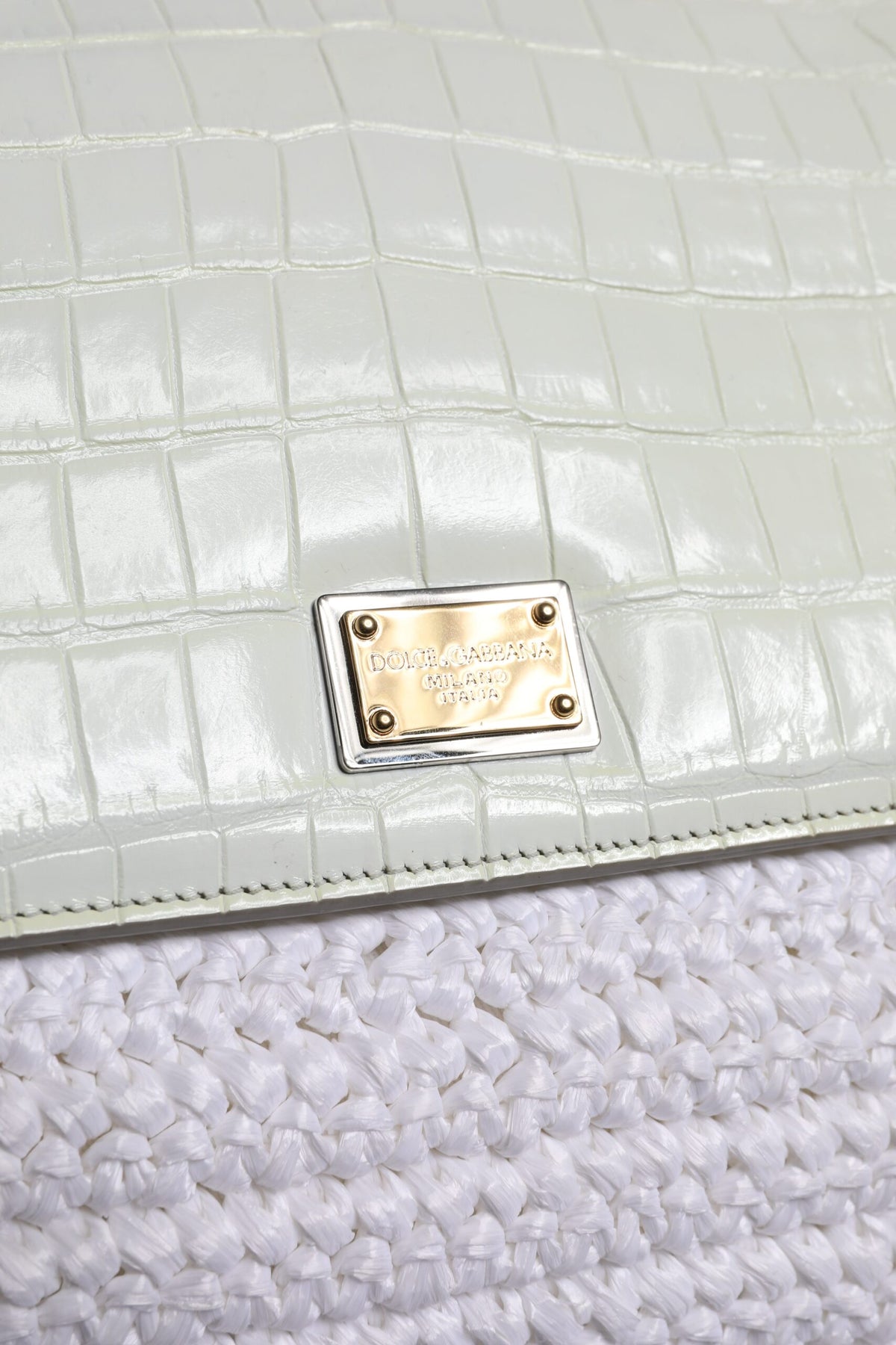 Dolce & Gabbana White Rafia Leather Top Handle Crossbody Bag