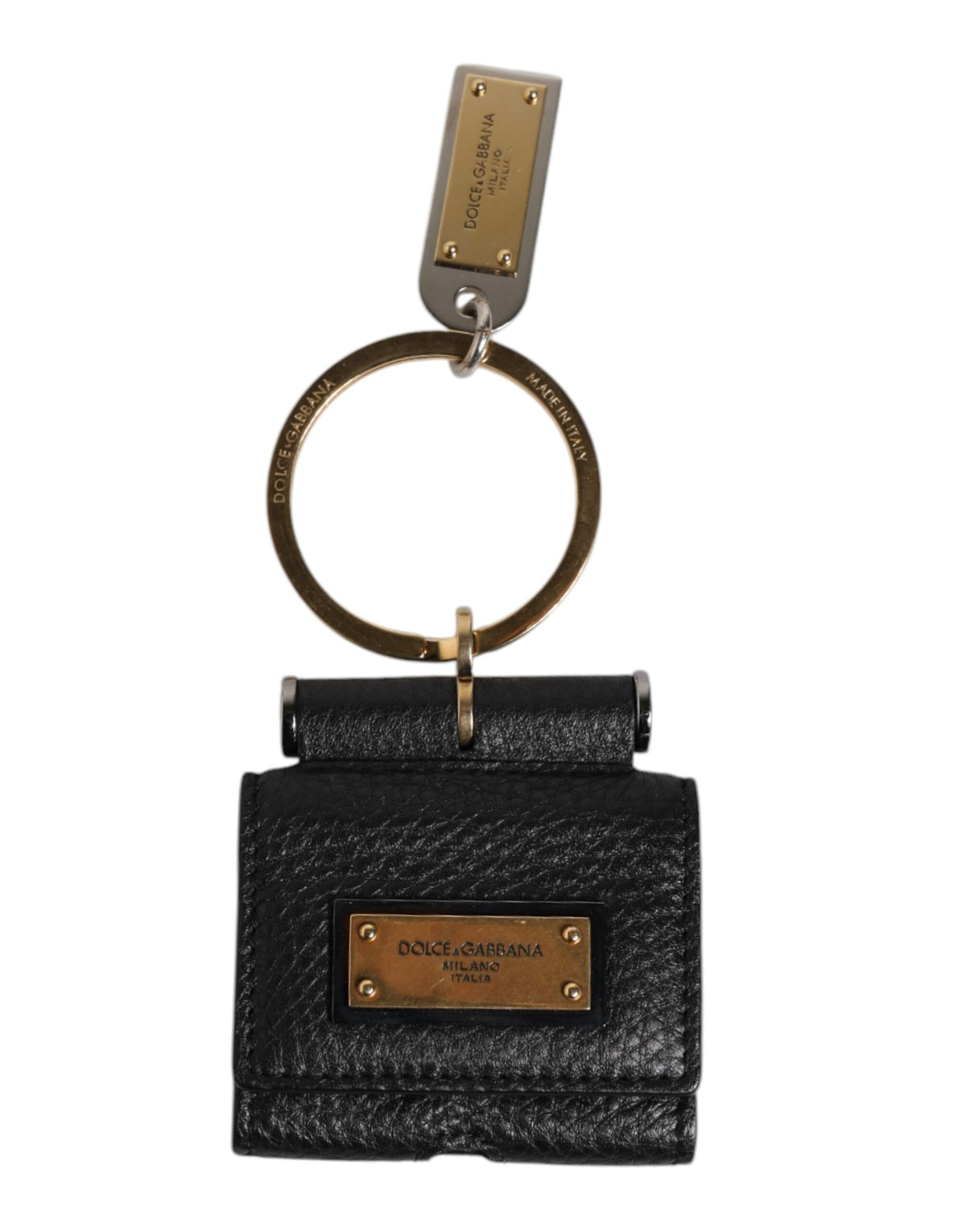 Dolce & Gabbana Black Leather Strap Gold Metal Logo Plaque Airpods Case