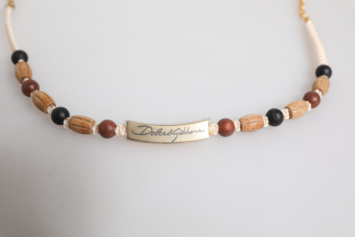 Dolce & Gabbana Black Gold Wooden Beaded Logo Pendant Necklace