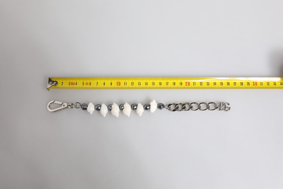 Dolce & Gabbana Silver Tone Brass Beaded Shell DG Logo Pendant Bracelet