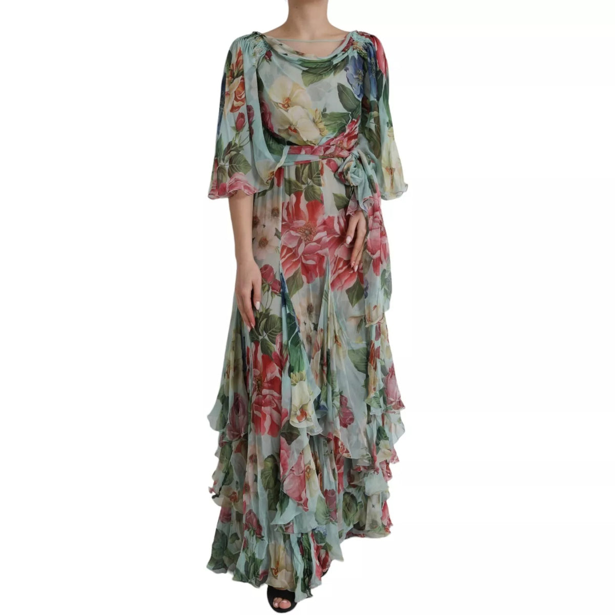 Dolce & Gabbana Blue Floral Print Tiered Long Maxi Dress