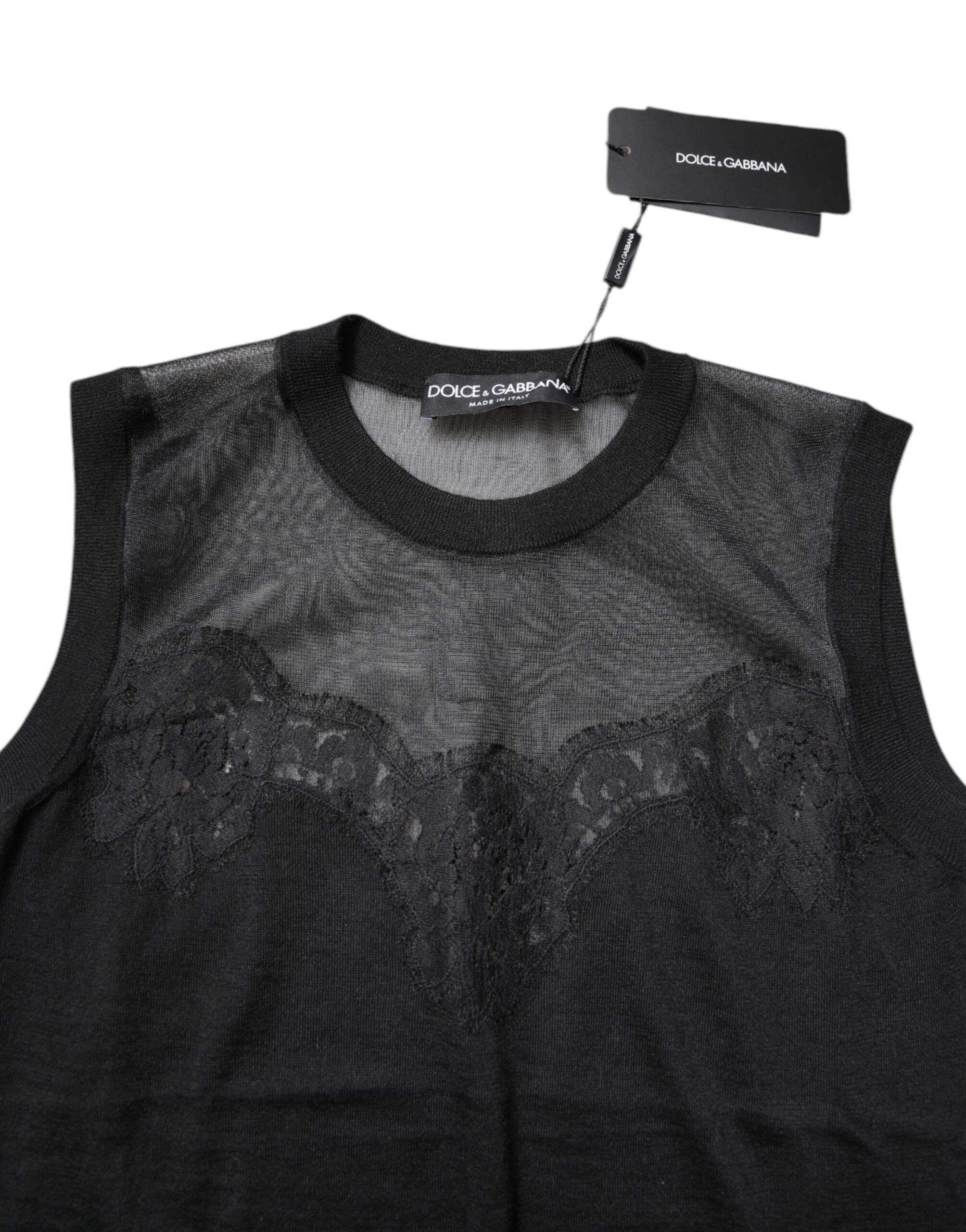 Dolce & Gabbana Black Lace Sheer Crew Neck Sleeveless Top