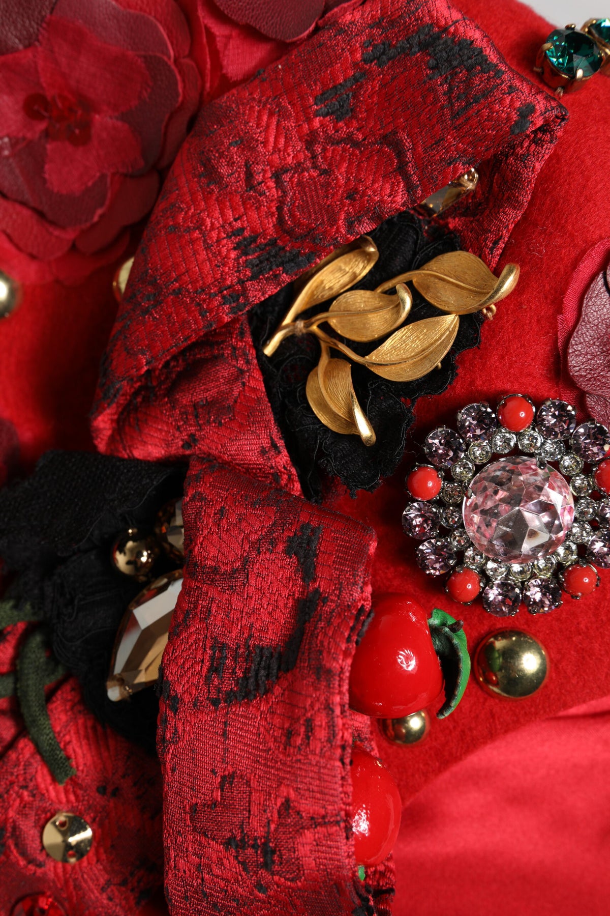 Dolce & Gabbana Red Crystal Gold Roses Brooch Embellished Hat