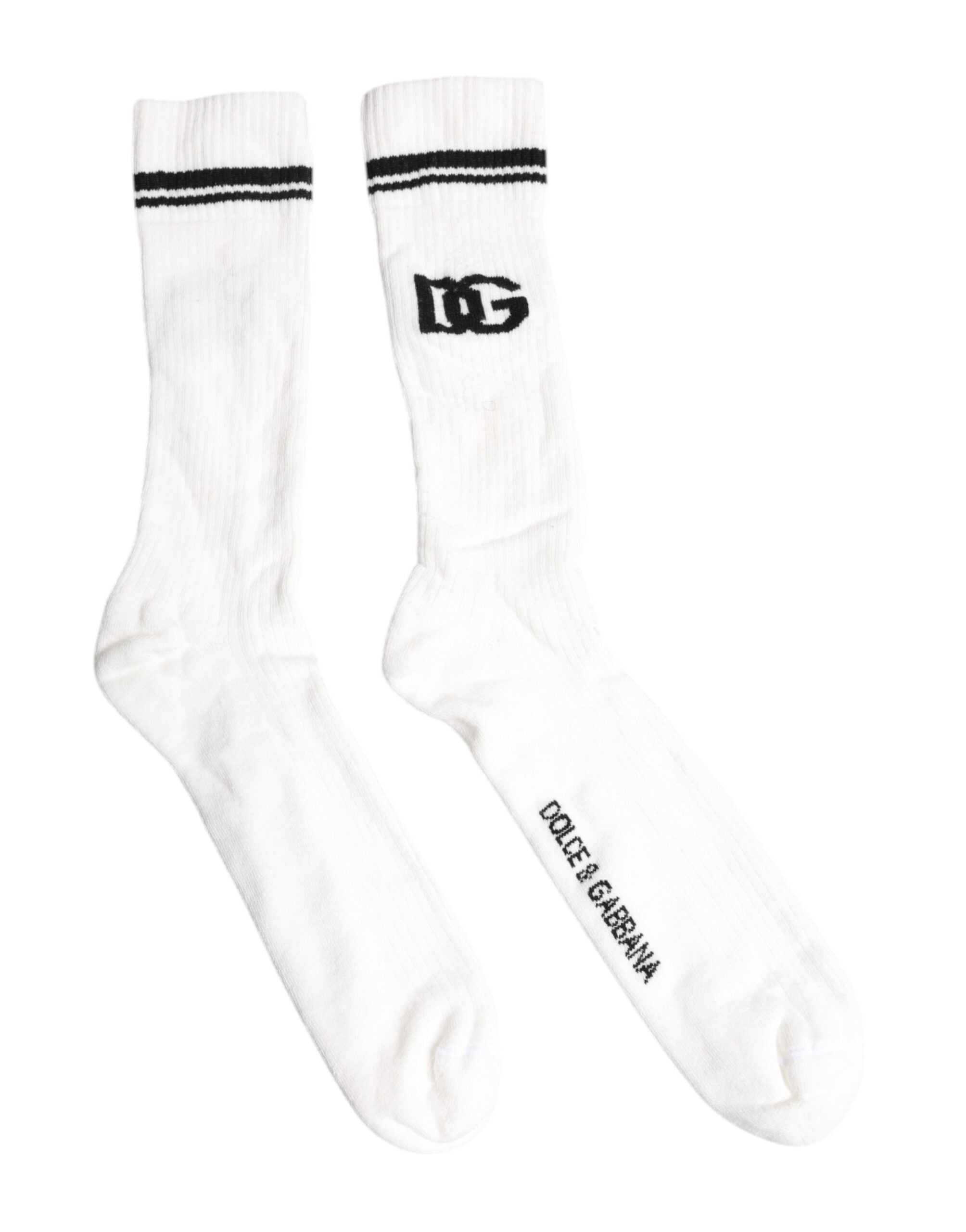 Dolce & Gabbana White Black DG Logo Print Stretch Mid Calf Socks