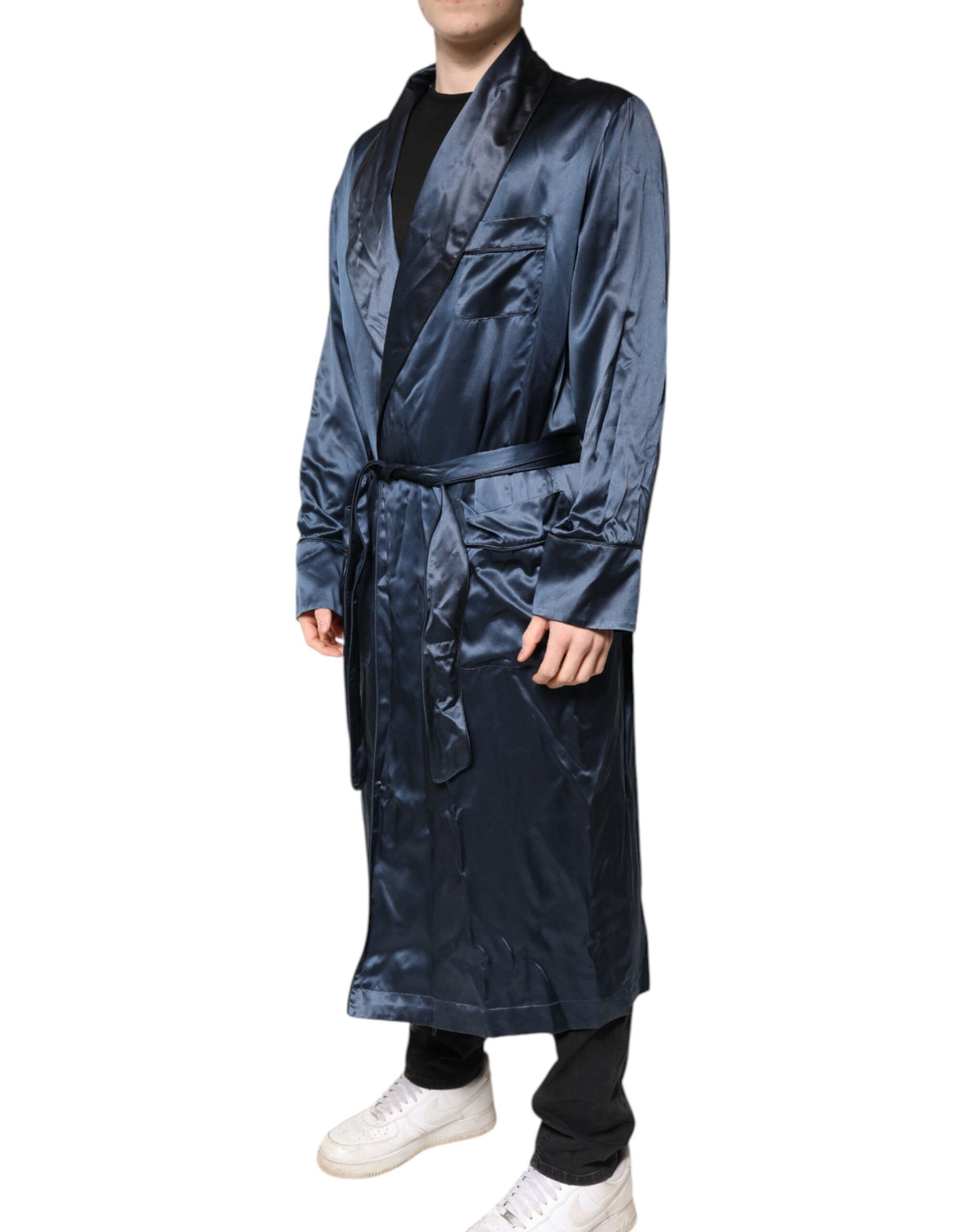Dolce & Gabbana Blue Solid Silk Men Wrap Robe Coat Jacket