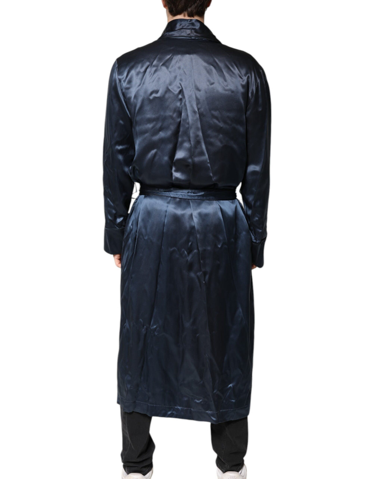 Dolce & Gabbana Blue Solid Silk Men Wrap Robe Coat Jacket