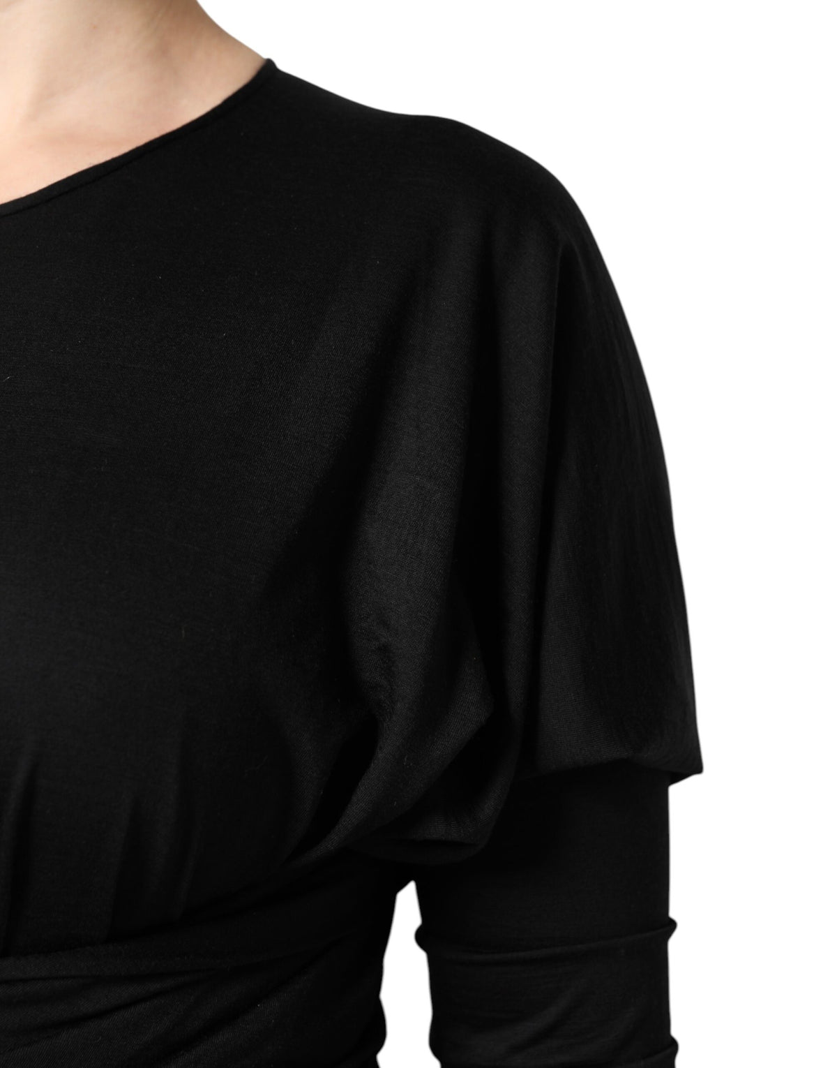 Dolce & Gabbana Black Wool Long Sleeves Sheath Midi Dress
