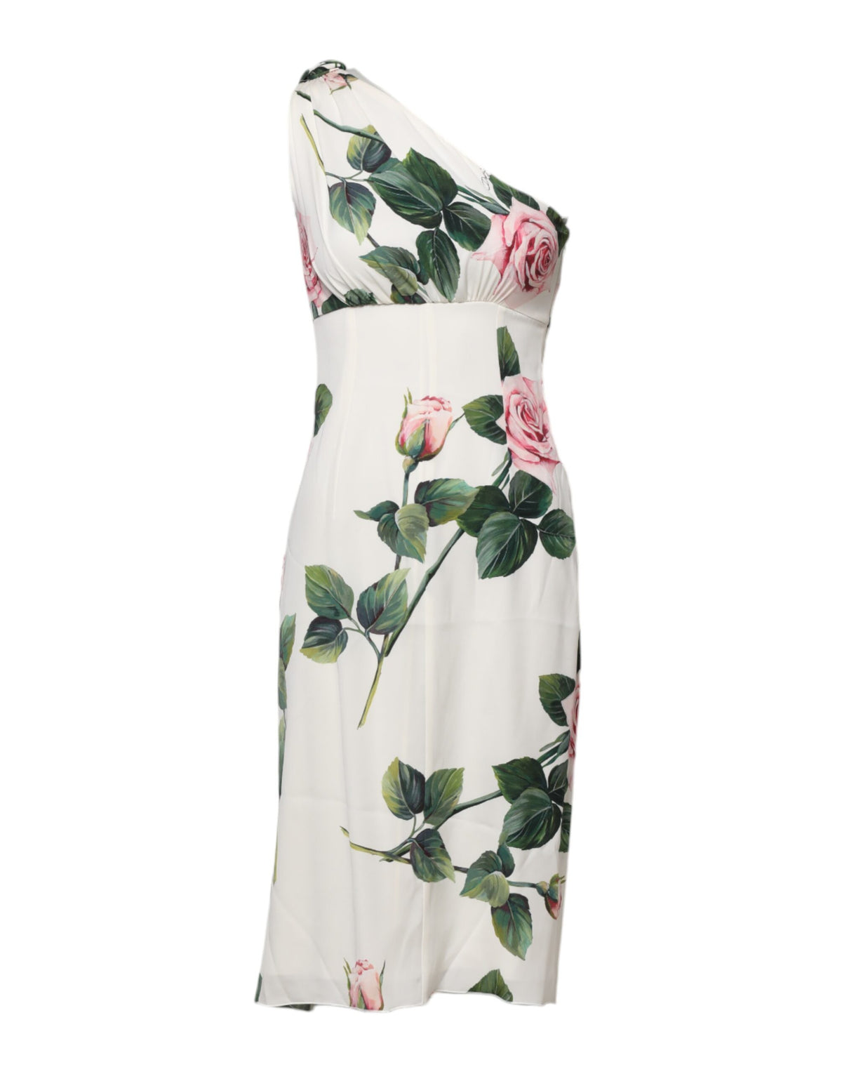 Dolce & Gabbana White Floral One Shoulder Sheath Midi Dress