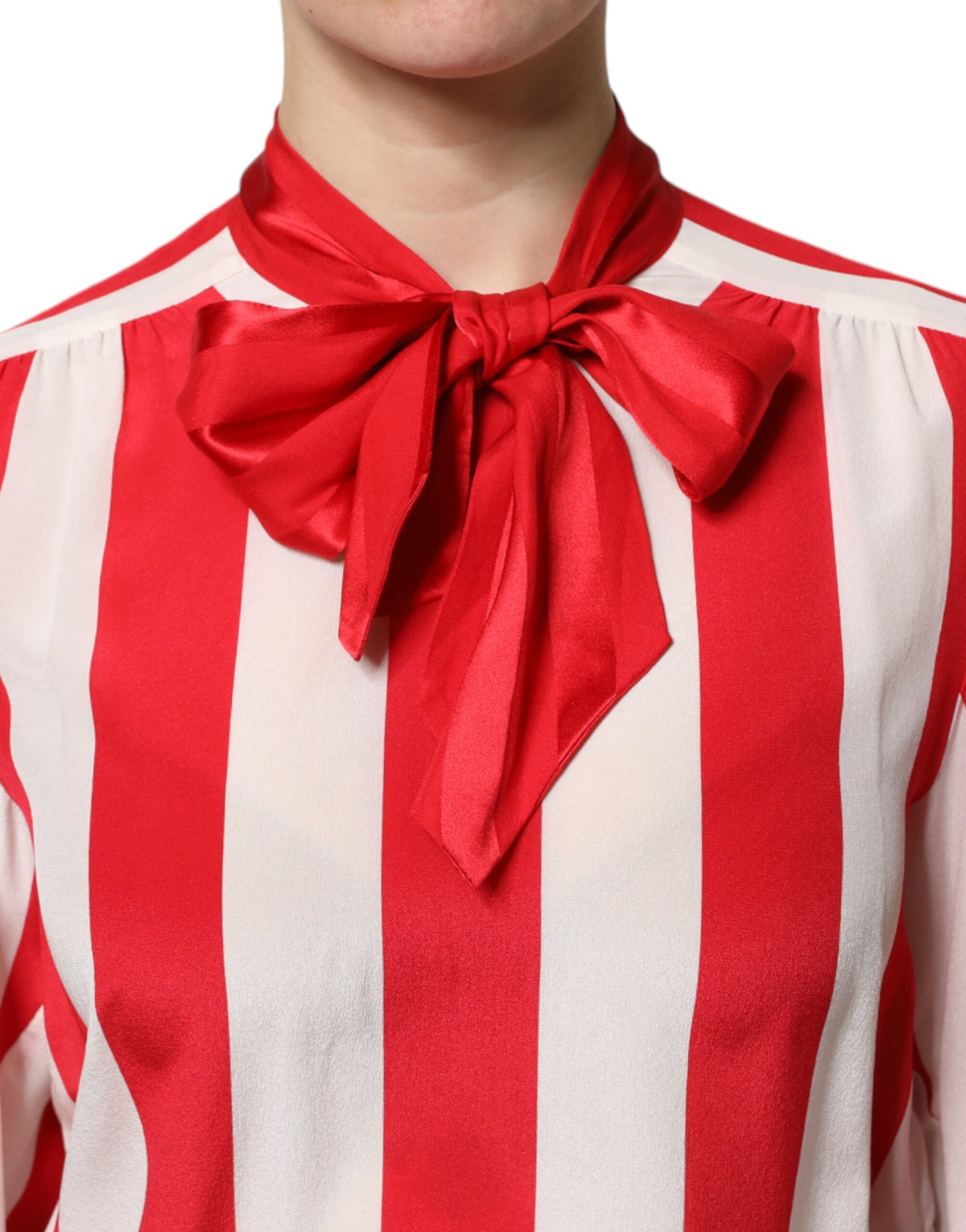 Dolce & Gabbana Red White Stripes Ascot Collar Blouse Top
