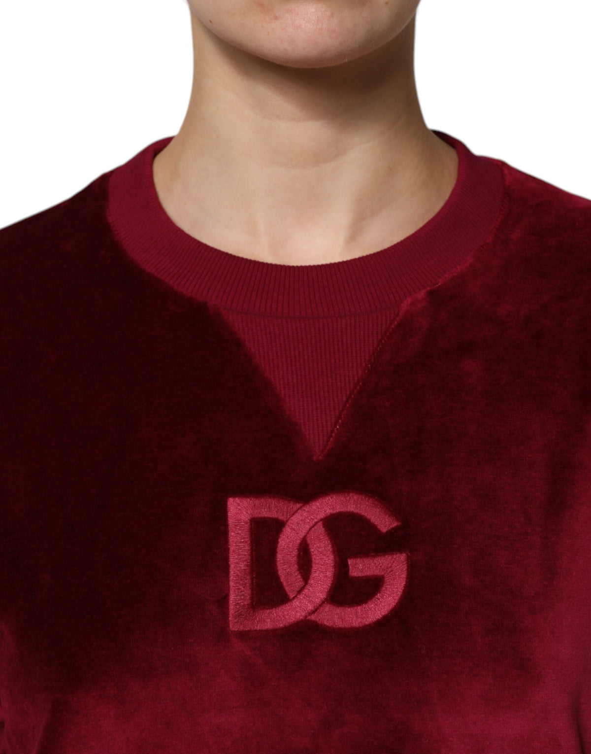 Dolce & Gabbana Red Cotton Velvet Crew Neck Pullover Sweater