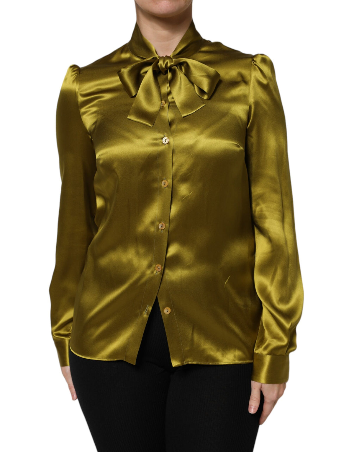 Dolce & Gabbana Green Ascot Collar Long Sleeves Blouse Top