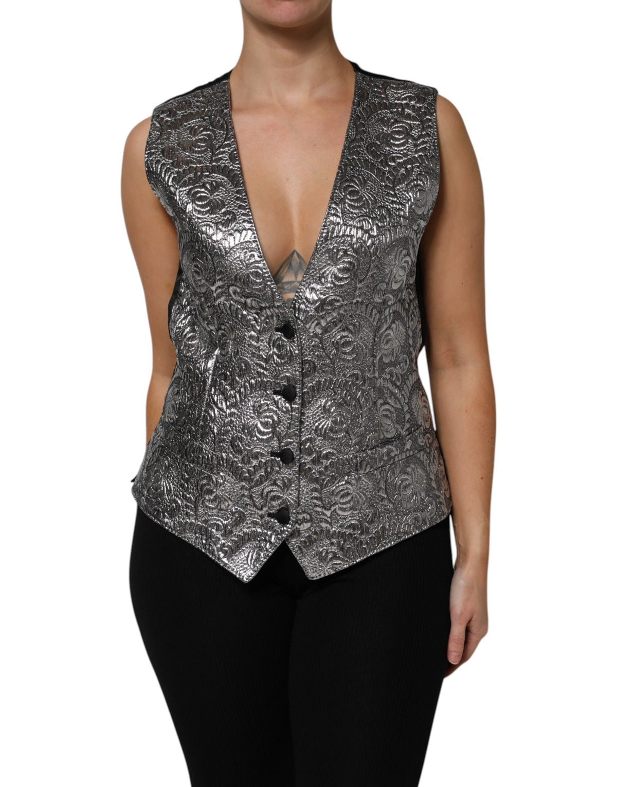 Dolce & Gabbana Silver Floral Jacquard Sleeveless Vest Top