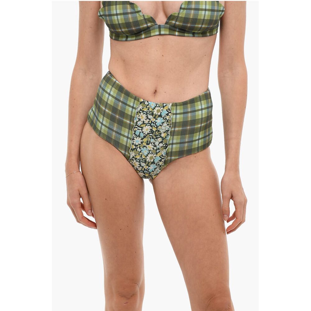 Marysia High Waist Checked Bikini Bottom with Floral Details