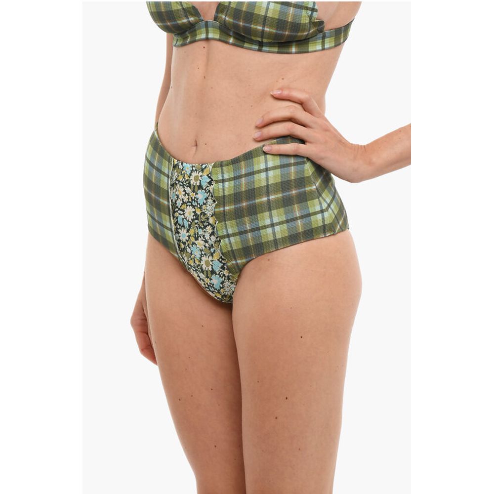 Marysia High Waist Checked Bikini Bottom with Floral Details